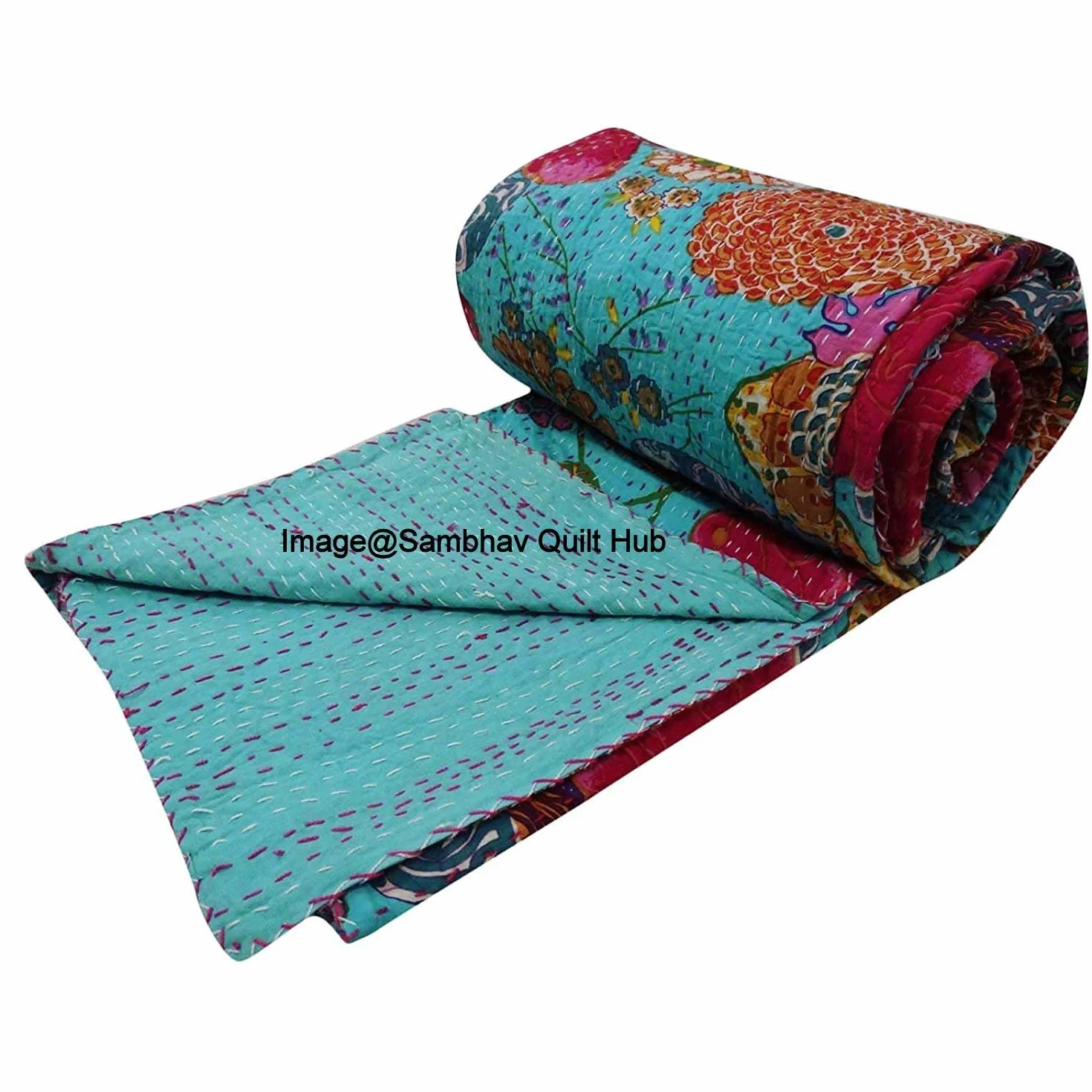 King / Twin Size indyjski owoc dwustronny wzór Gudri czysta bawełna Kantha Style Twin Size Kołdra narzuta na łóżko kwiatowy i owocowy nadruk dekoracyjna kantha Stitch kołdra (turkusowa, 152 x 229 cm)