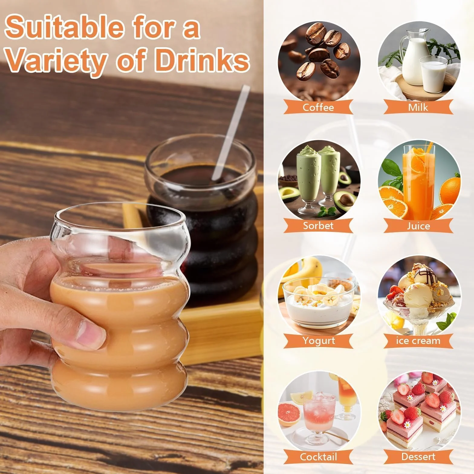 Bubble szklanki 350 ml ze słomką, zestaw 4 żebrowanych szklanek | Do Latte Macchiato, kawy mrożonej, whisky, koktajli, jogurtu, kawy z sodą – żebrowane szklanki 350 ml ze słomką, zestaw 4