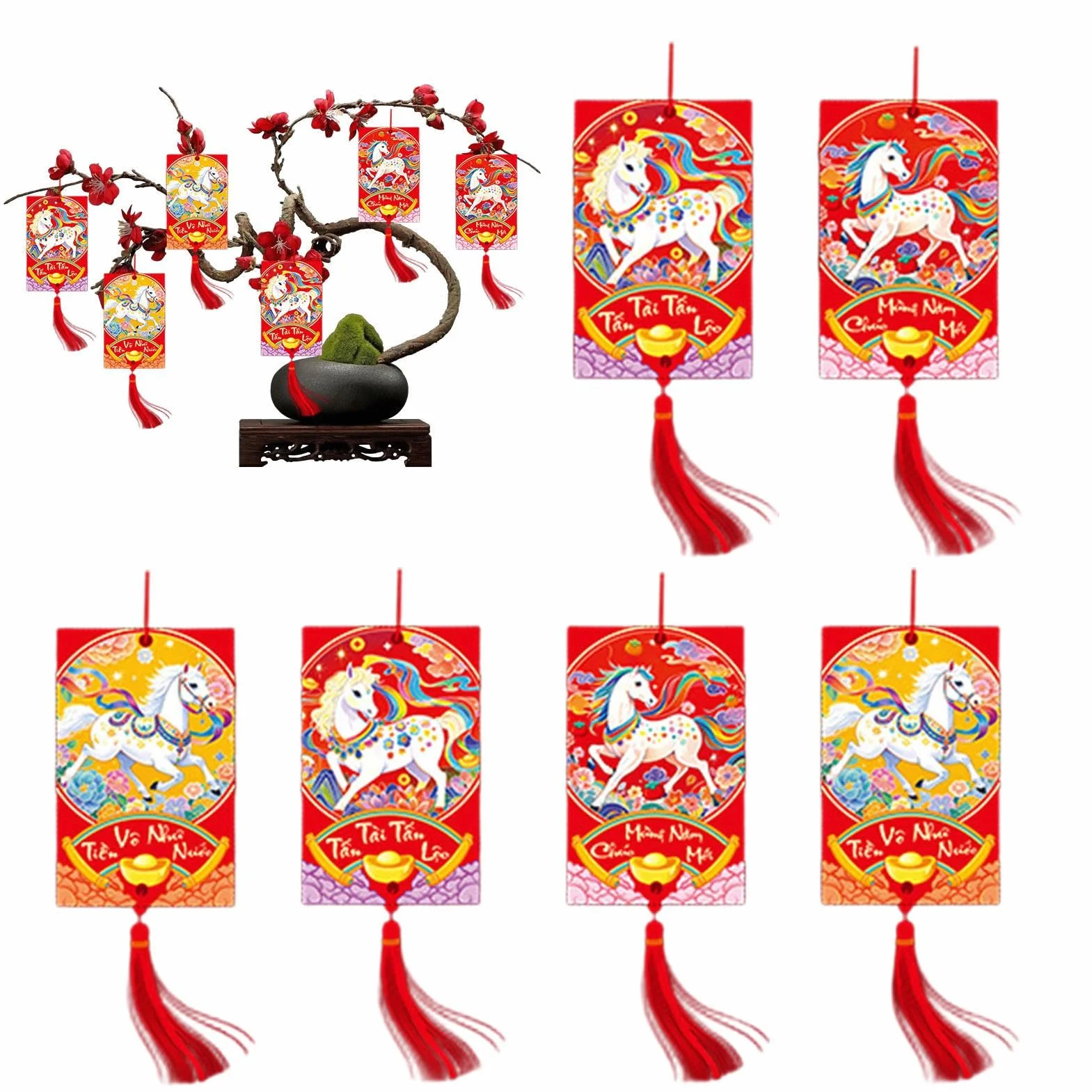 Vietnamese Lunar Horse Year Paper Charm Decorations 6-Piece for Holiday Home Doorway Tree Wall Door Party Office