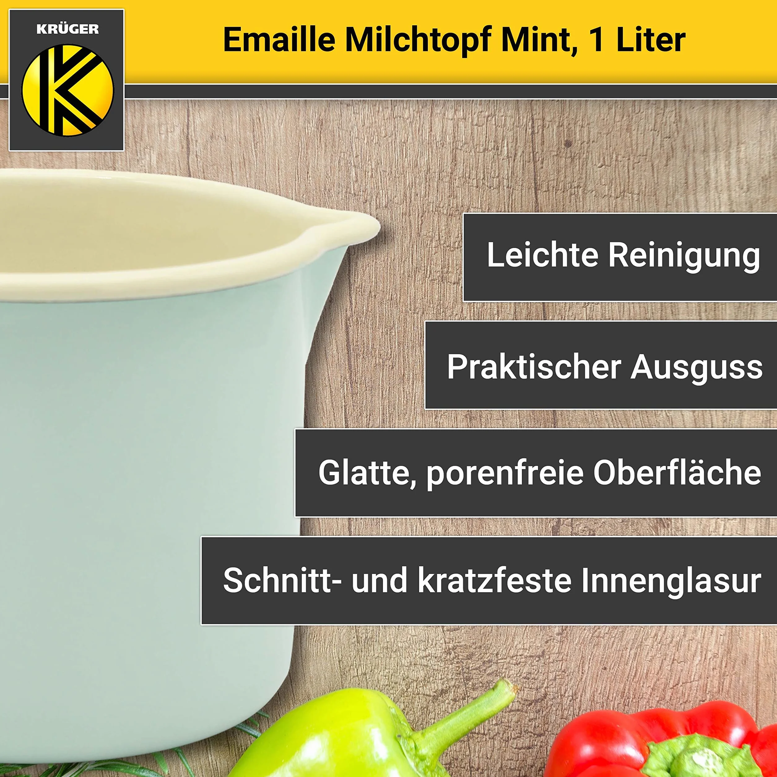 Krüger Emaliowany garnek na mleko miętowy 12 cm, 1 litr – garnek z dnem w pełni stykowym do energooszczędnego gotowania – praktyczna wylewka i skala litrów – nadaje się do mycia w zmywarce i kuchenek indukcyjnych (miętowy)