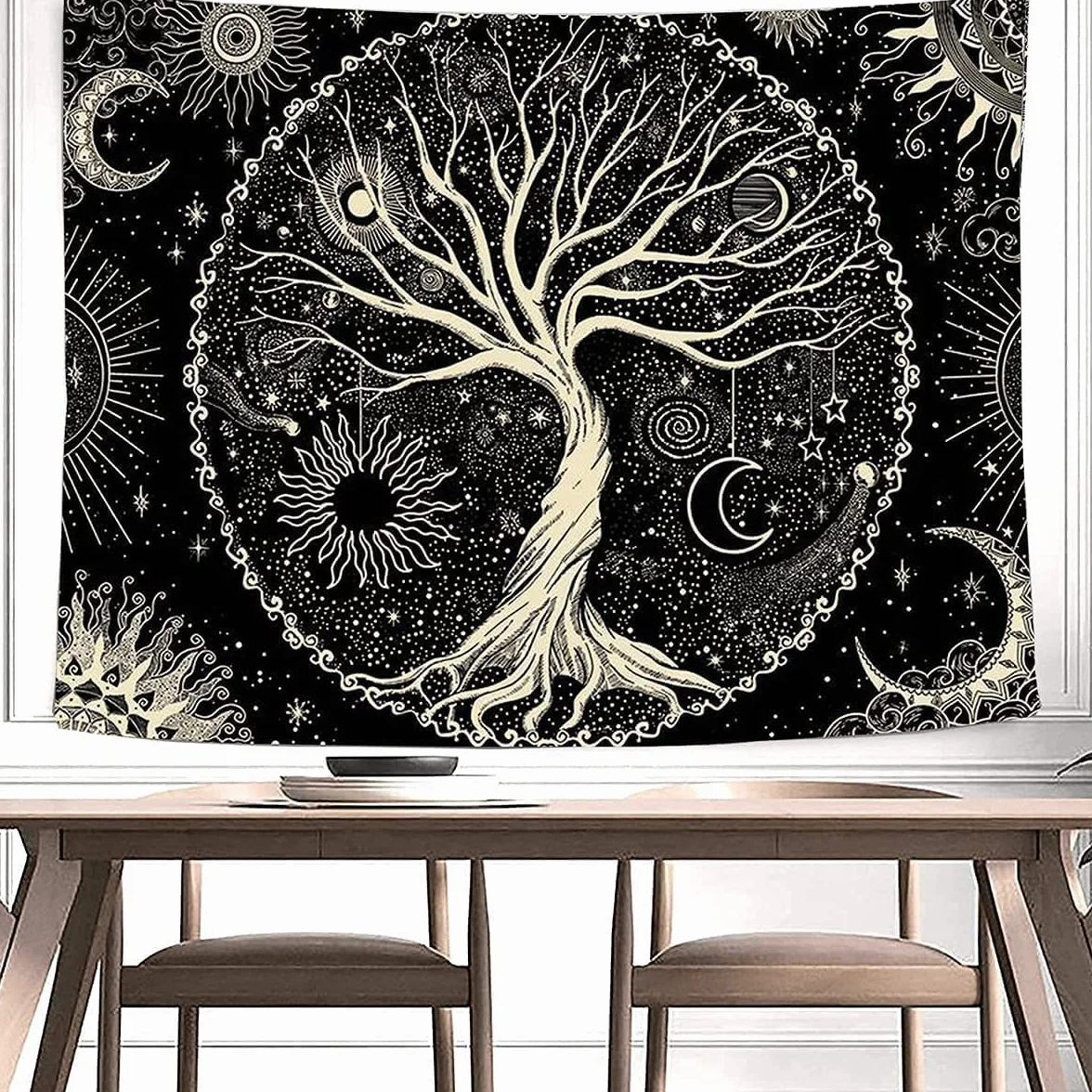 Arawat Tapestry Tree of Life Tapestry Black White Tapestry Moon Sun Tapestry Wall Decor Psychedelic Rug Gothic Tapestry Trippy Tapestry Wall Cloth Wall Hanging Wall Decor (150 x 130cm)