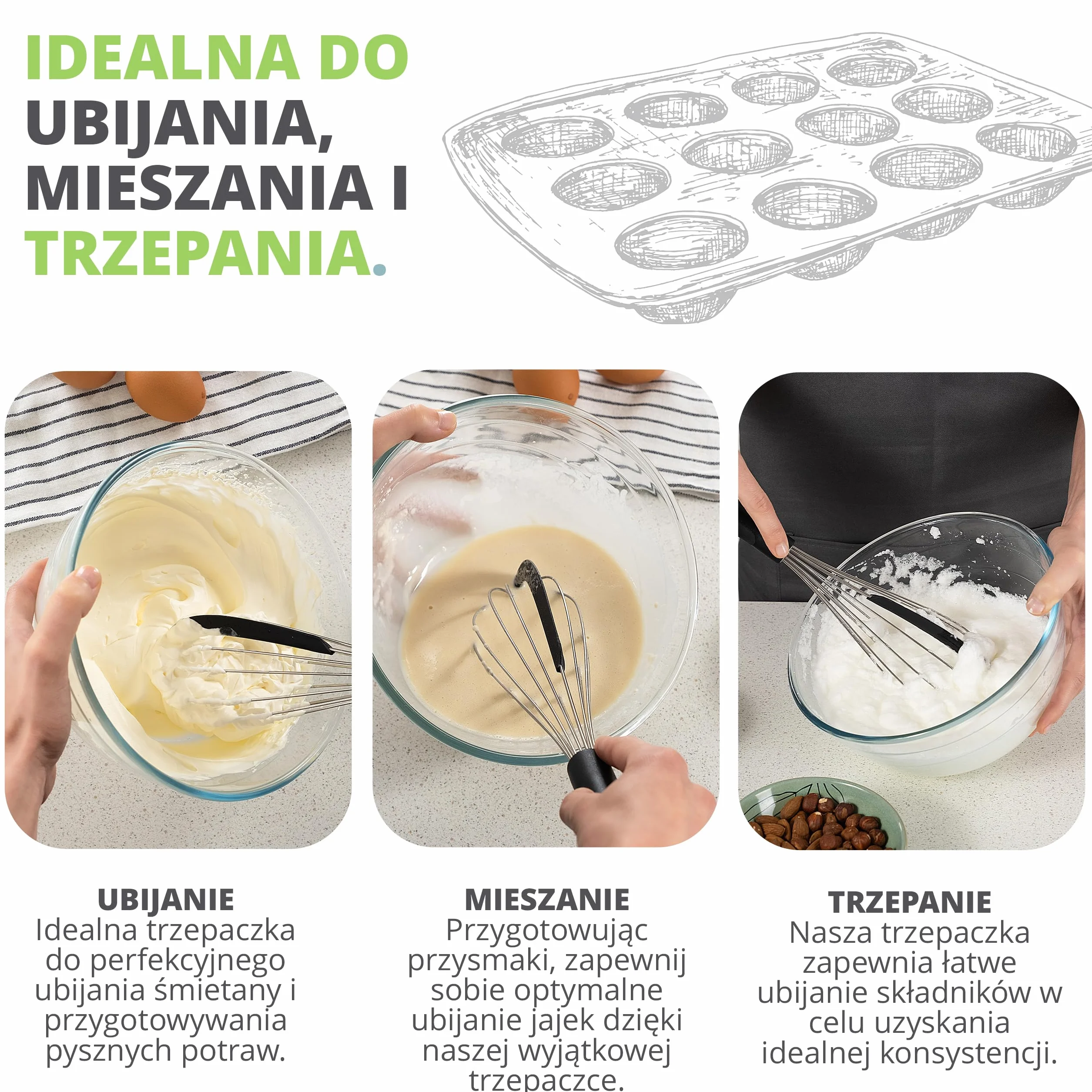 Oliver's Kitchen ® Trzepaczka do Jajek z Silikonowym Skrobakiem – Ubijaczka do Mleka Idealna do Gotowania i Pieczenia w Domu – Trzepaczka Kuchenna do Ubijania Piany, Masła, Białek – Wygodna Rączka