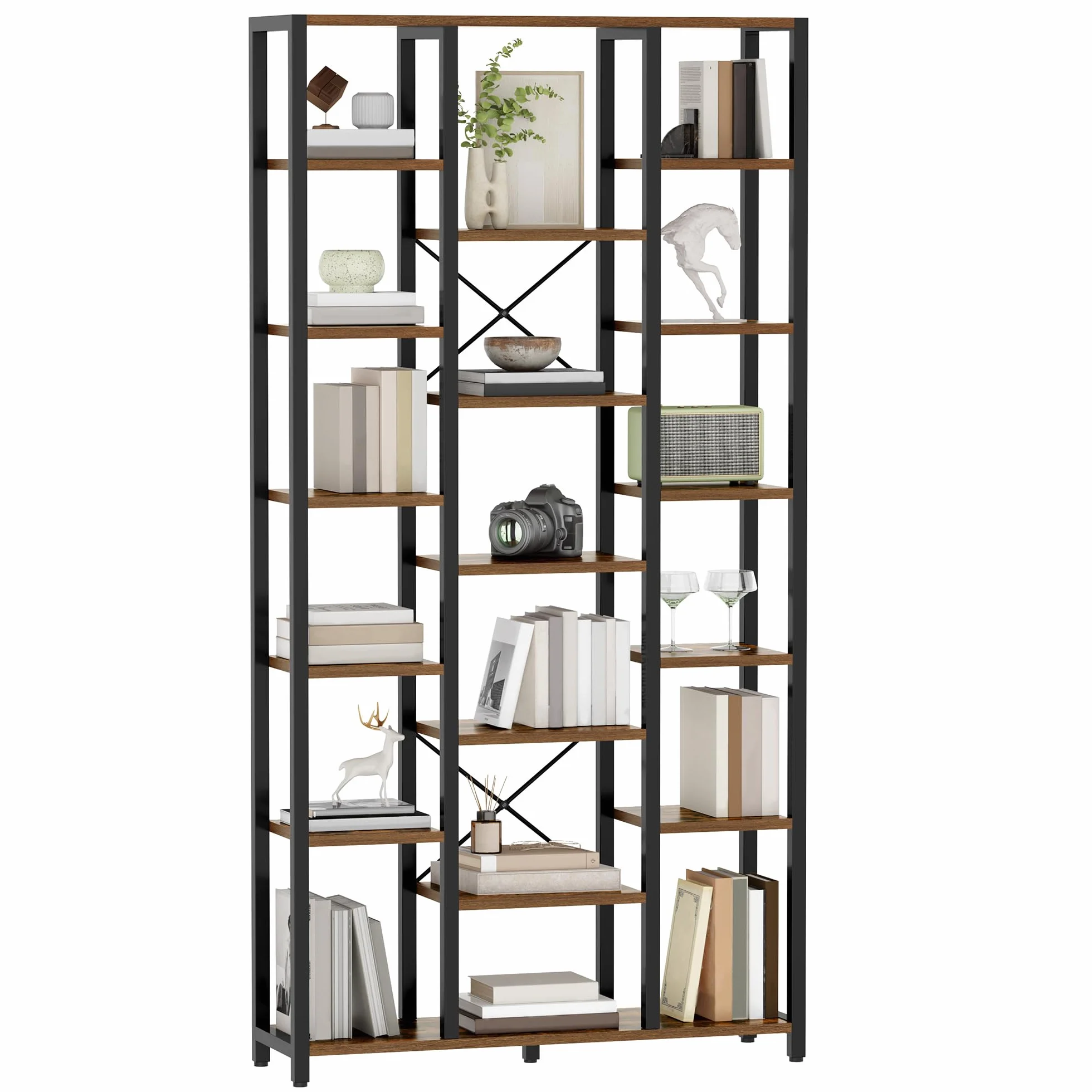 Hzuaneri Regał, 7-poziomowa biblioteczka z 18 otwartymi półkami, regulowany regał do salonu lub biura domowego, 30 x 100 x 200 cm, Rustykalny brąz i czerń, BC15601B