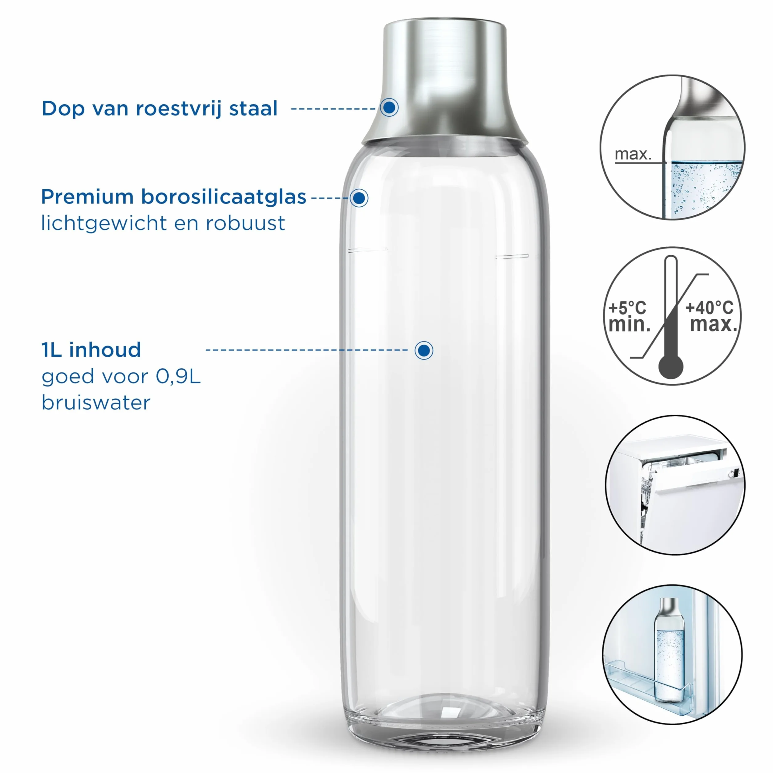 BRITA Szklana butelka do wody gazowanej SodaTrio (1l), opakowanie 2 butelek zamiennych - lekkie, eleganckie szklane butelki na wodę w opakowaniu duo/butelki wody gazowanej z polerowaną korkiem ze stali nierdzewnej