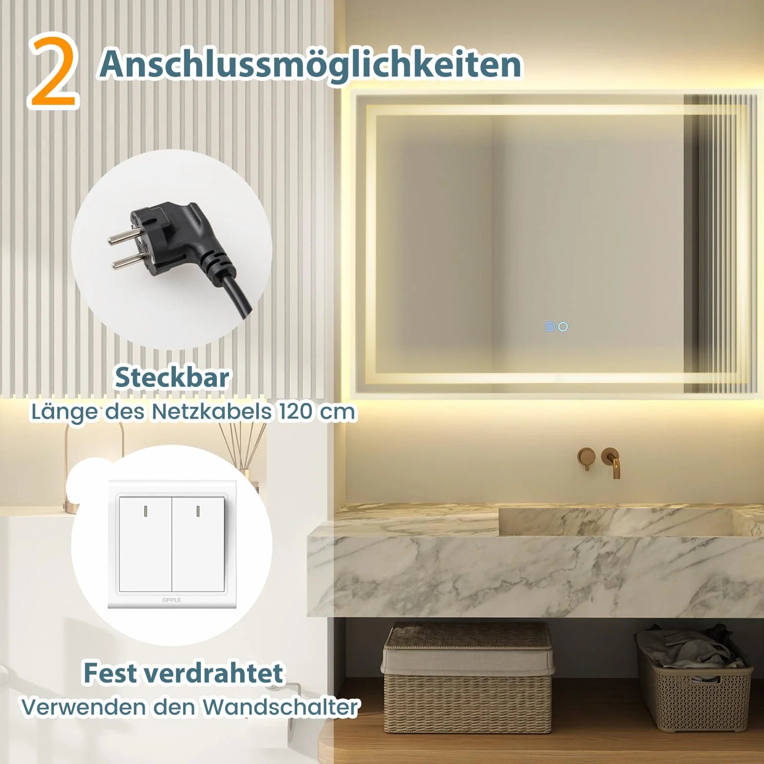 COSTWAY Lustro łazienkowe LED 80x60 cm antyparowe ściemniane dotykowe pamięć