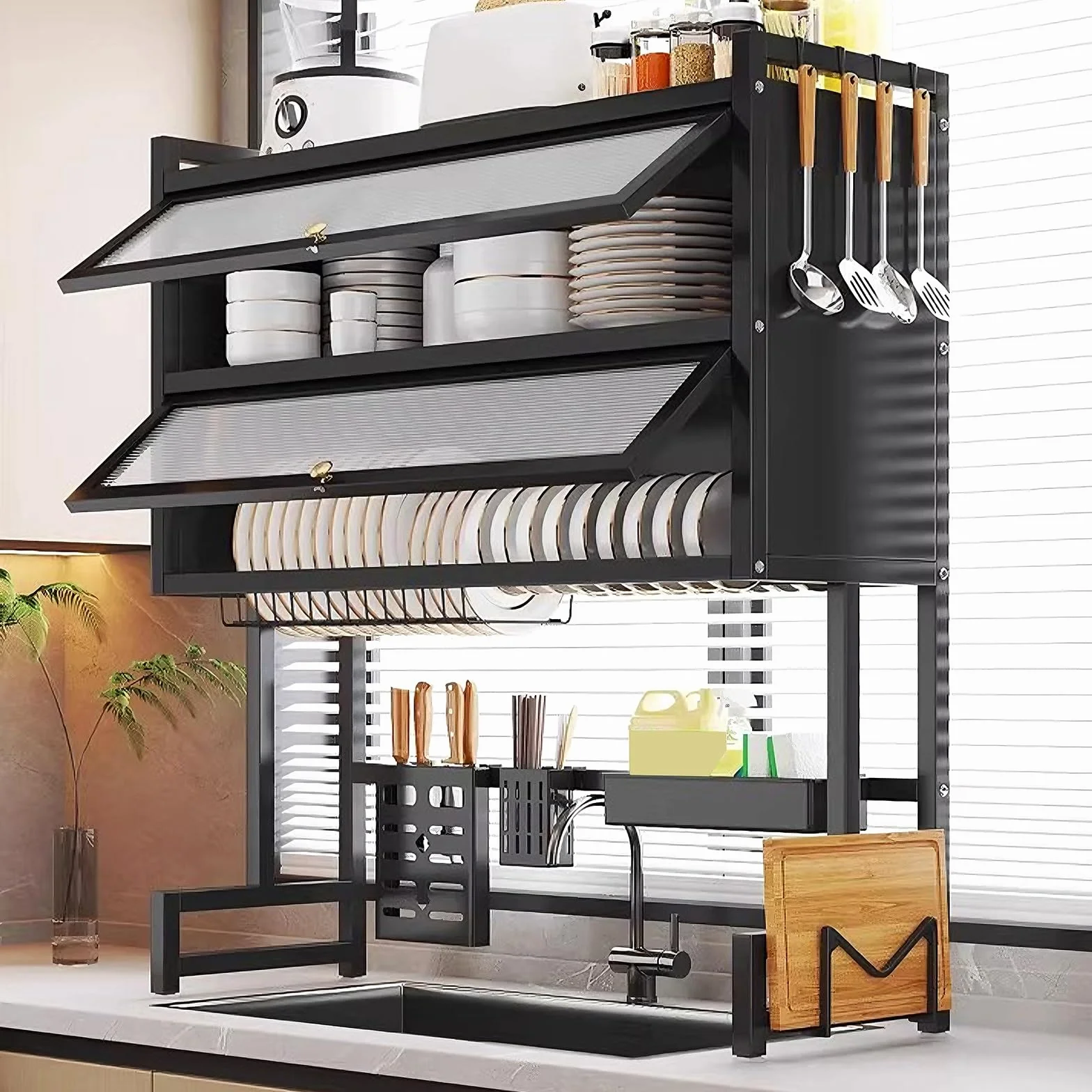 3 Poziomy Suszarka do Naczyń do Zlewu z Akrylowymi Drzwiczkami i Przyssawkami Duża Ociekacz do Naczyń Stal Węglowa Organizer do Zlewu Kuchennego(Black,75 * 28 * 102cm)