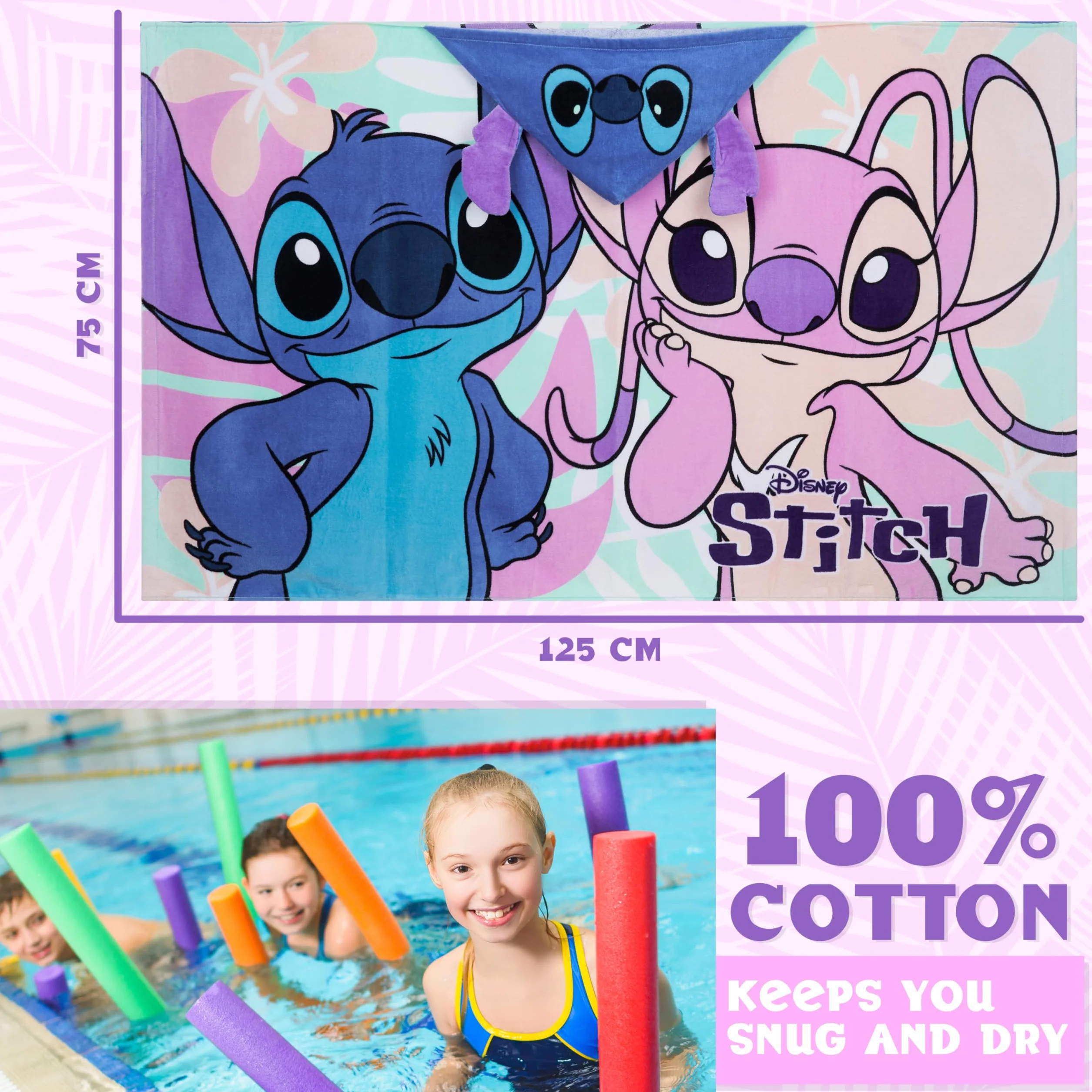Disney Ścieg ręcznik z kapturem dla dzieci, chłonny ręcznik kąpielowy z kapturem, na basen, na plażę, wakacje, niezbędnik (niebieski/wielokolorowy, 6-14 lat)