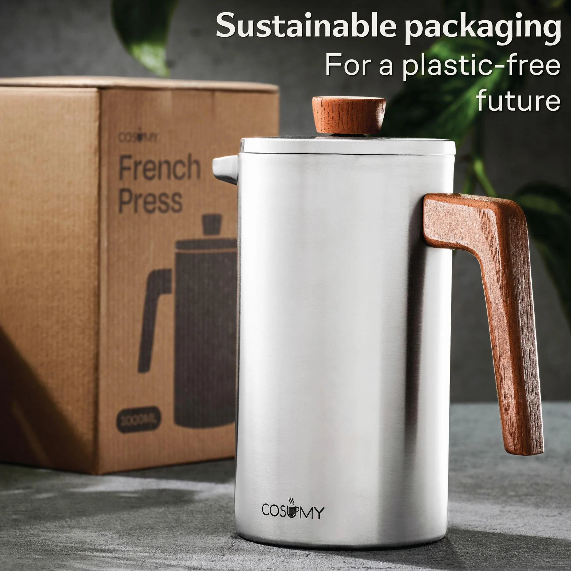 Cosumy French Press 1L wykonany ze stali nierdzewnej i trwałego drewna dębowego - Na 5 filiżanek - 2 dodatkowe filtry - Izolacja o podwójnych ściankach