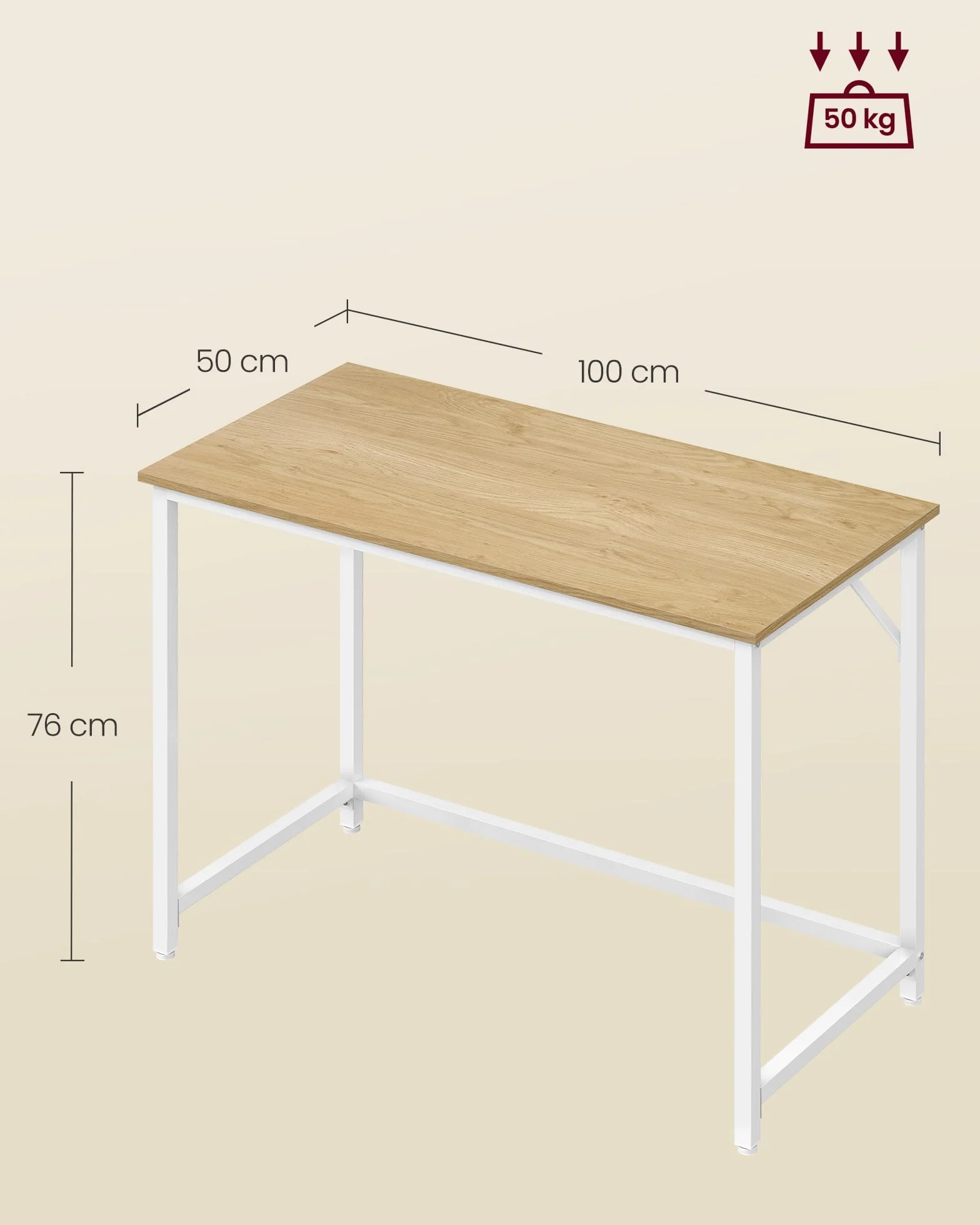 VASAGLE Biurko, małe biurko komputerowe, stół biurowy, do gabinetu, sypialnia, 100 x 50 x 76 cm, styl nowoczesny, metalowa rama, naturalny dąb-perłowa biel LWD041W70V1