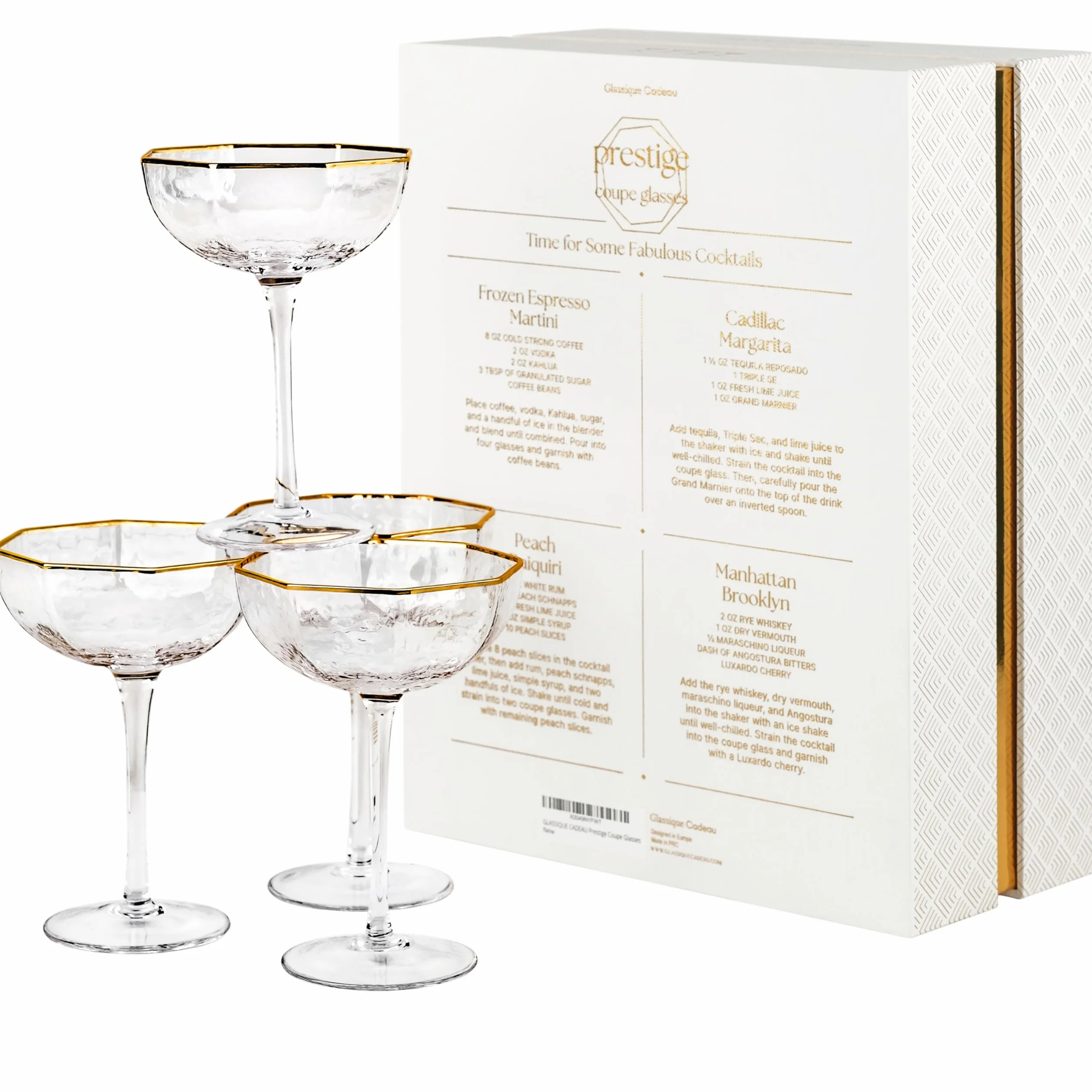 Małe ośmiokątne kieliszki Prestige Coupe o pojemności 150 ml ze złotymi krawędziami do koktajli i szampana, zestaw 4 szt., kryształowe wyroby z długich łodyg do espresso Martini, Daiquiri, Gimlet