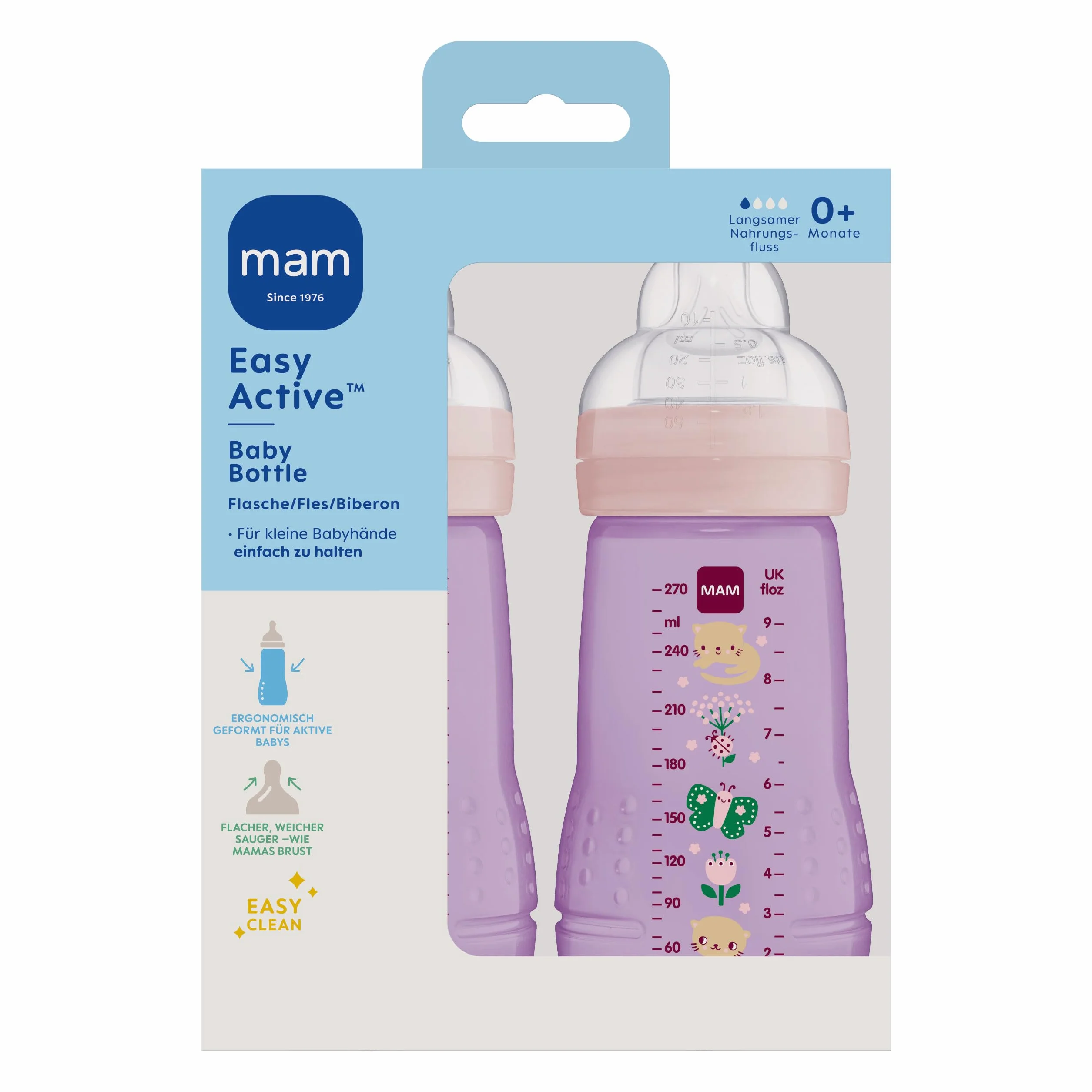 MAM Easy Active Butelka dla niemowląt, 270 ml, z silikonu SkinSoft, z silikonu SkinSoft, dla niemowląt, od 0 miesięcy, motyw kota/motyla