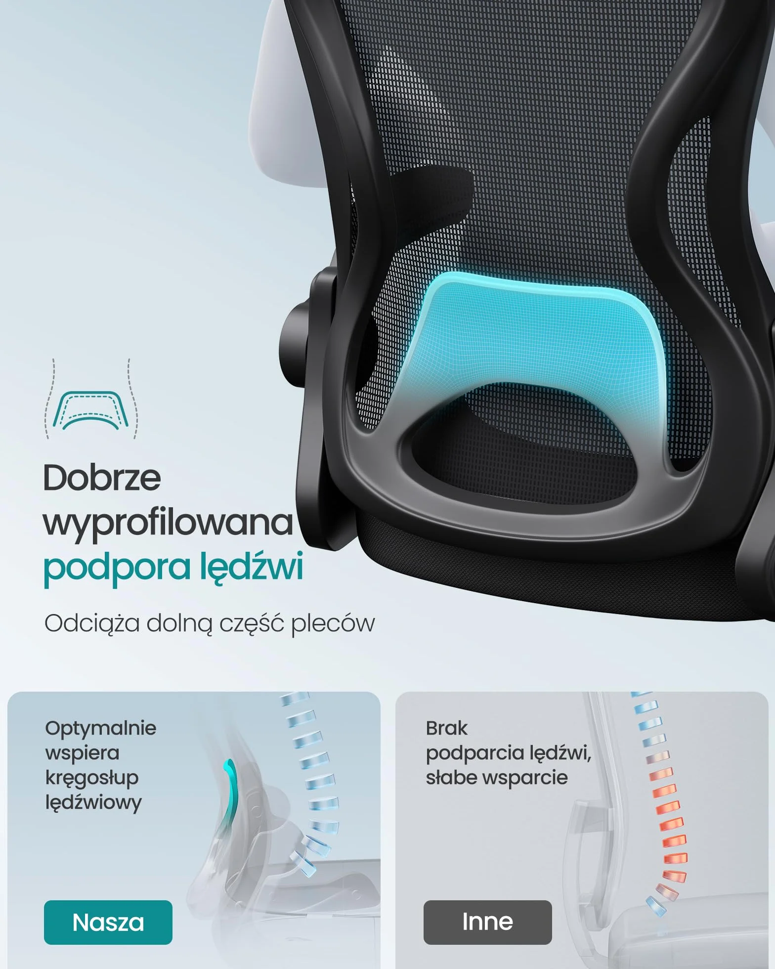SONGMICS Ergonomiczny fotel biurowy, obrotowy z siatkową tkaniną, fotel biurowy z podparciem lędźwiowym, funkcja bujania, składane podłokietniki, do gabinetu, sypialni, atramentowy czarny OBN042BH02