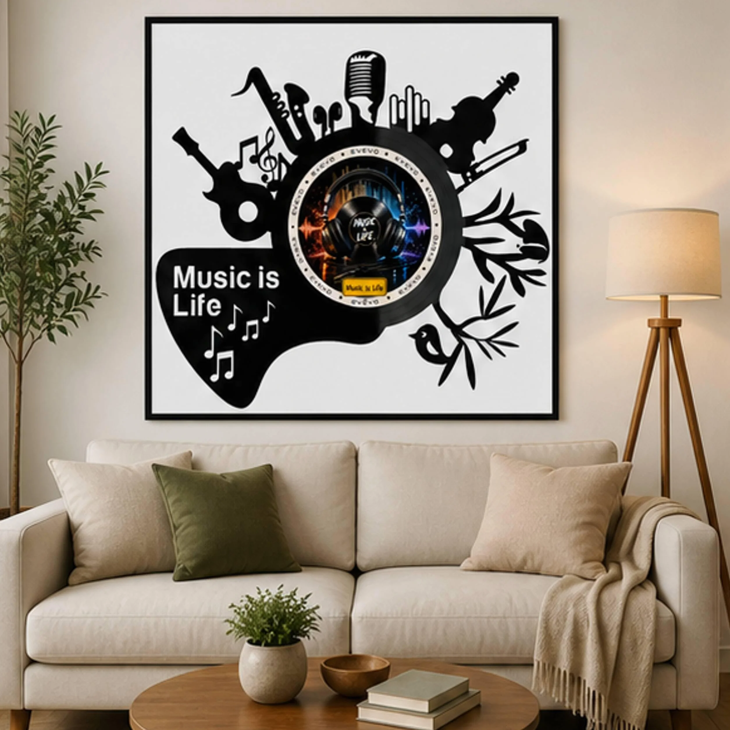 EVEVO Dekoracja ścienna z płyty gramofonowej w ramie 32 x 32 cm Music is Life - winylowa sztuka ścienna, prezent dla muzyków, melomanów audiofilów