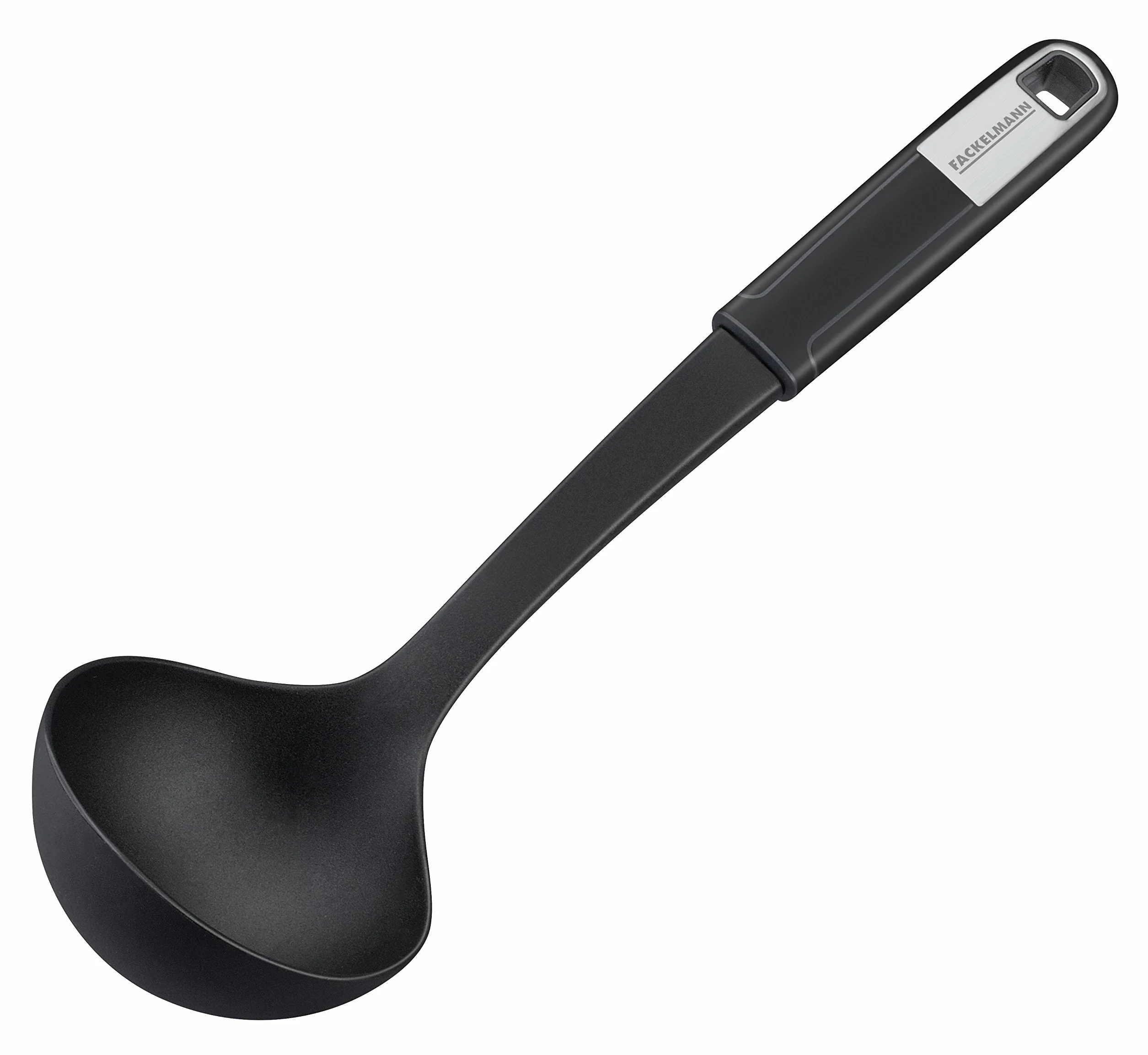 Fackelmann chochla 31 cm SENSE, łyżka do zupy z elementem funkcyjnym z tworzywa sztucznego, antypoślizgowy uchwyt Soft-Touch, do patelni powlekanych i garnków (kolor: srebrny/czarny), ilość: 1 sztuka