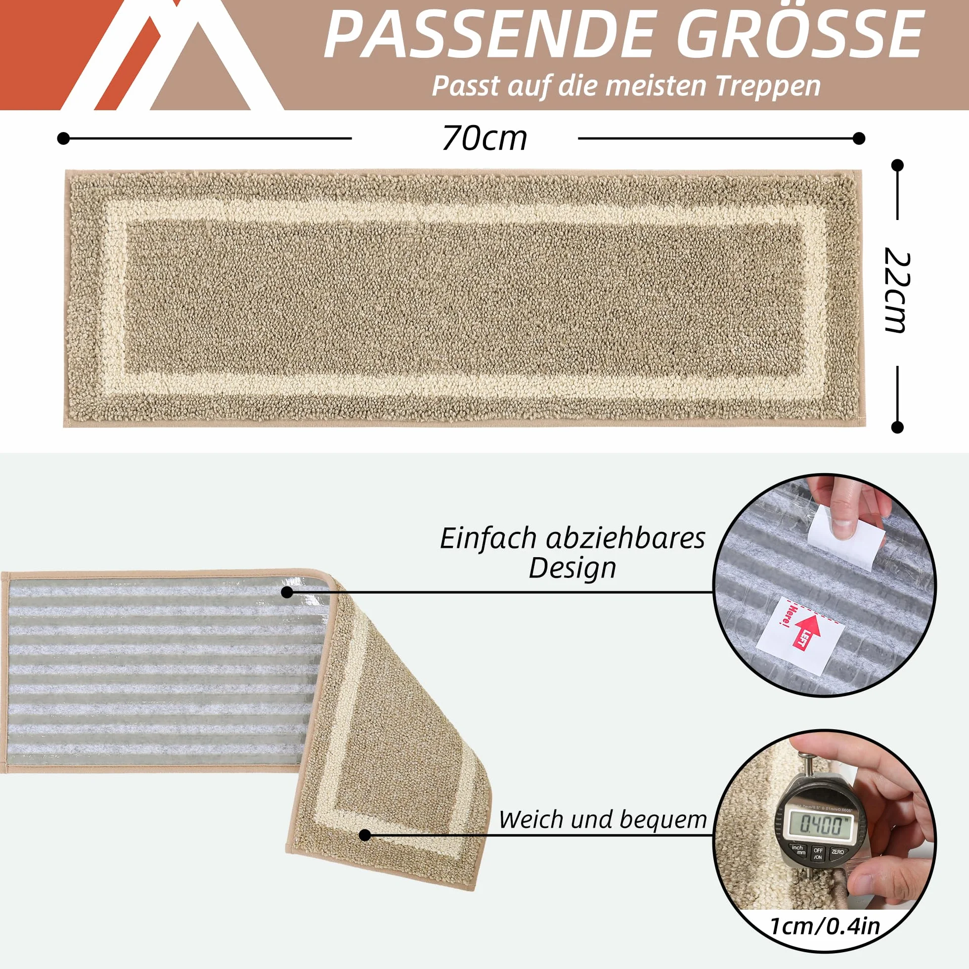 COSY HOMEER Maty na schody 70 x 22 cm (15 sztuk), maty na schody do wewnątrz, samoprzylepne, antypoślizgowe, maty na schody, można prać w pralce, 100% poliester, spód z TPE, beżowe
