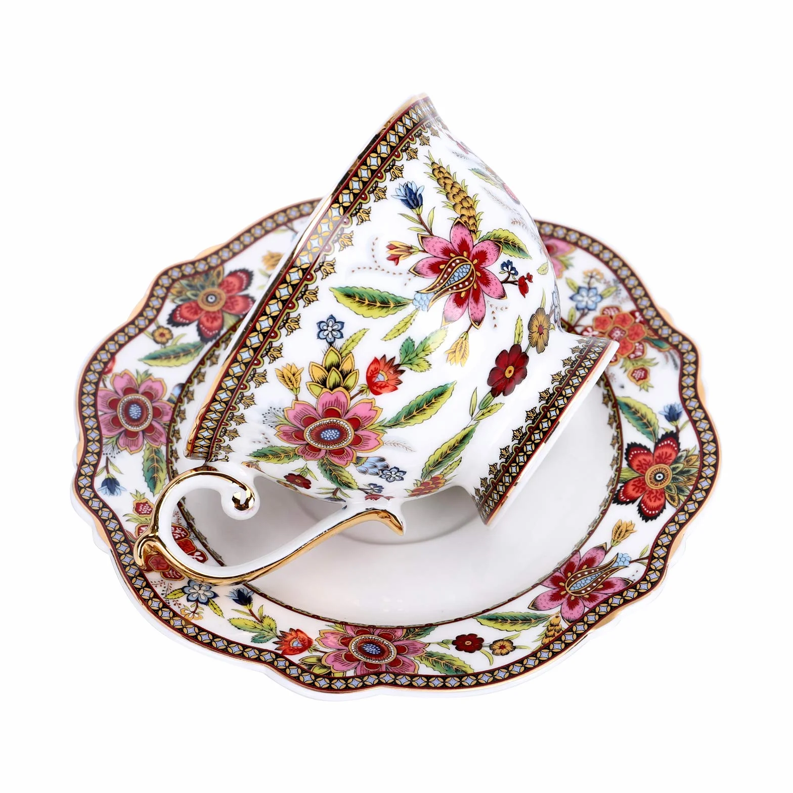 fanquare Filiżanka i spodek z chińskiej porcelany z motywem czerwonych kwiatów, vintage, porcelanowa filiżanka do kawy, 200 ml