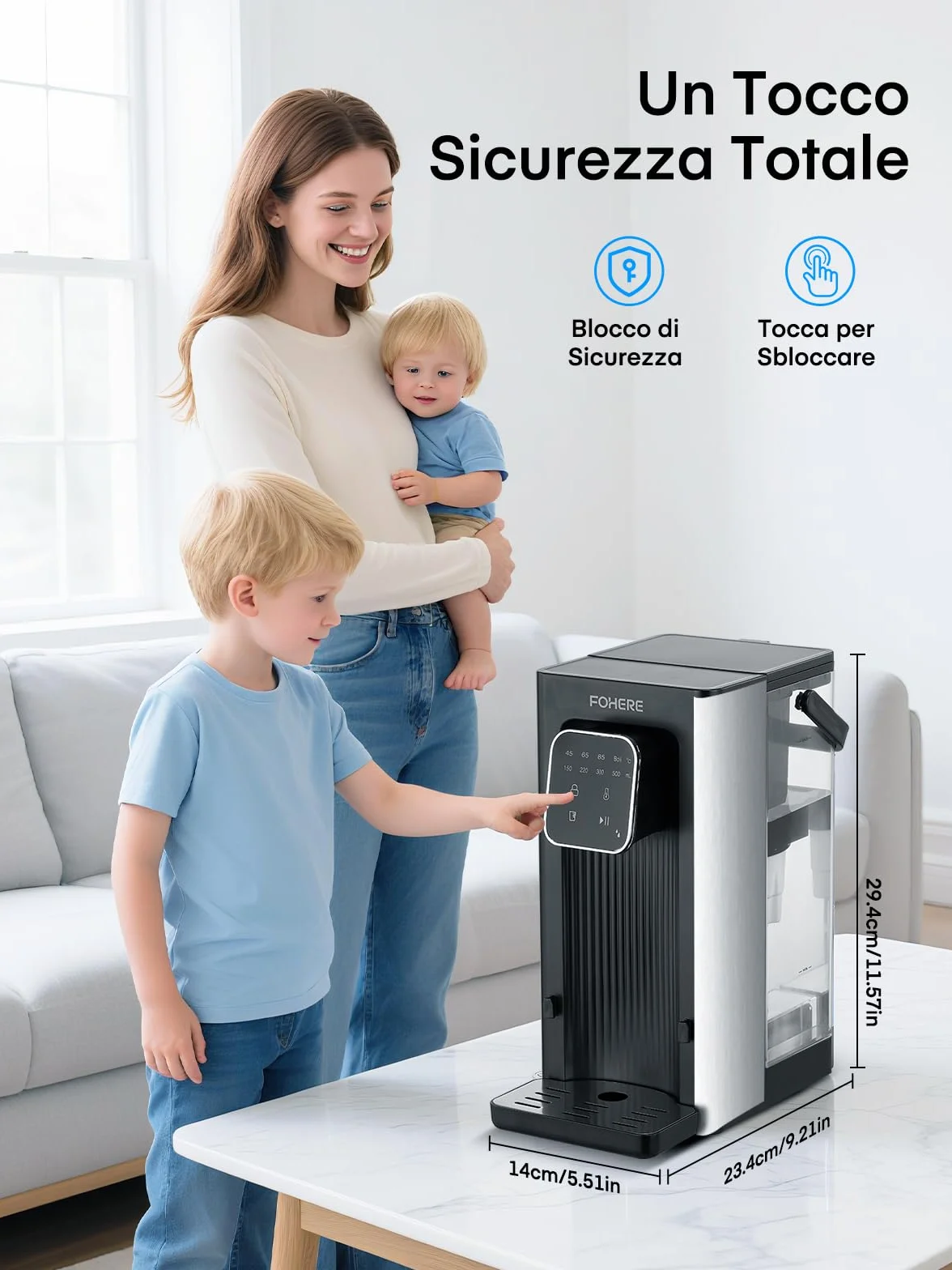 Dozownik ciepłej wody, 2600 W, ciepła woda w ciągu kilku sekund, 4 poziomy temperatury, 4 ilości wody, zbiornik 2,5 l, kompaktowy i energooszczędny, cyfrowy ekran dotykowy