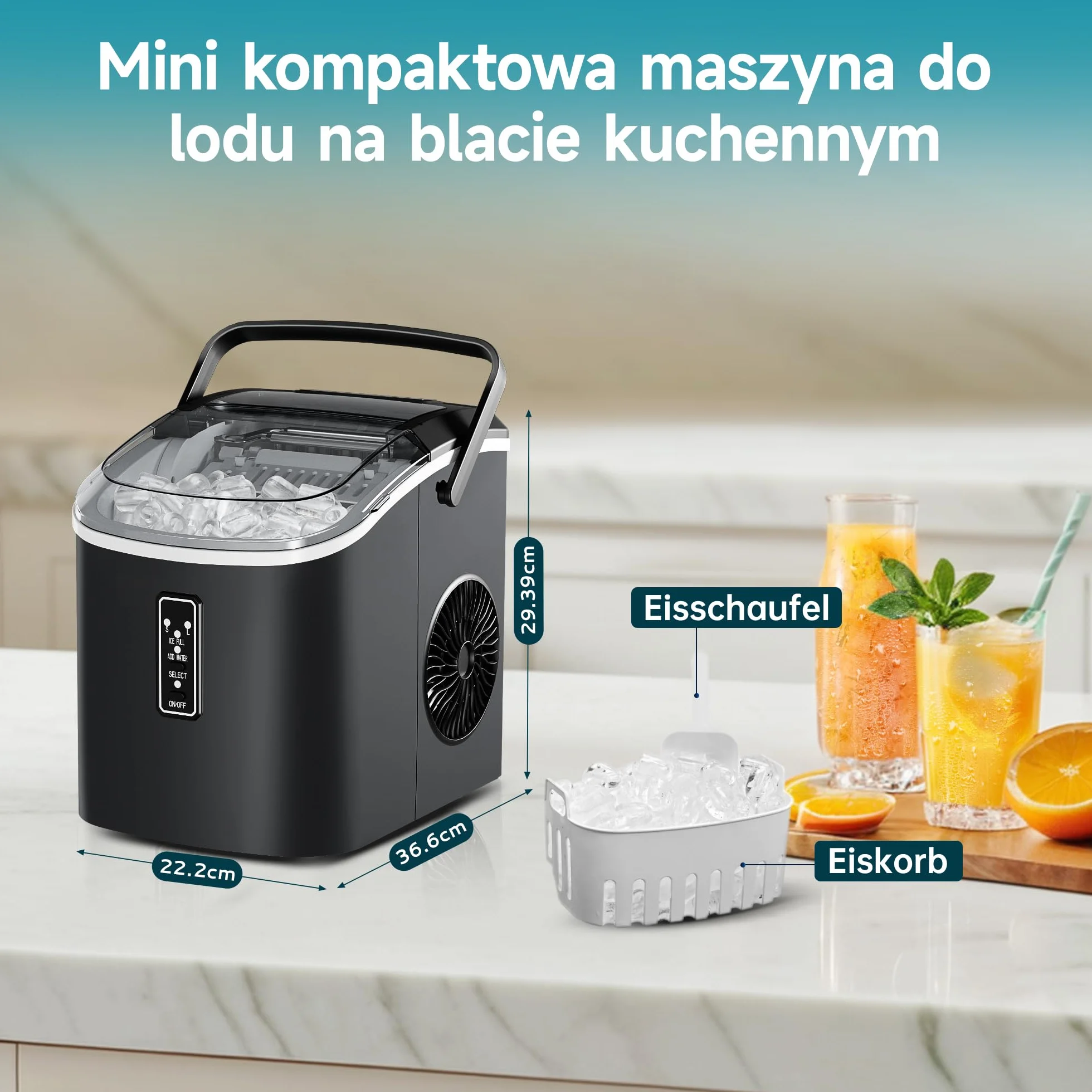 EUHOMY Kostkarka do lodu,9 kostek lodu w ciągu 6 minut, 12 kg/dzień, samoczyszcząca, przenośna maszyna do lodów z uchwytem do noszenia, koszem i szuflą, 2 rozmiary kostek lodu, do domu, kuchni, czarna