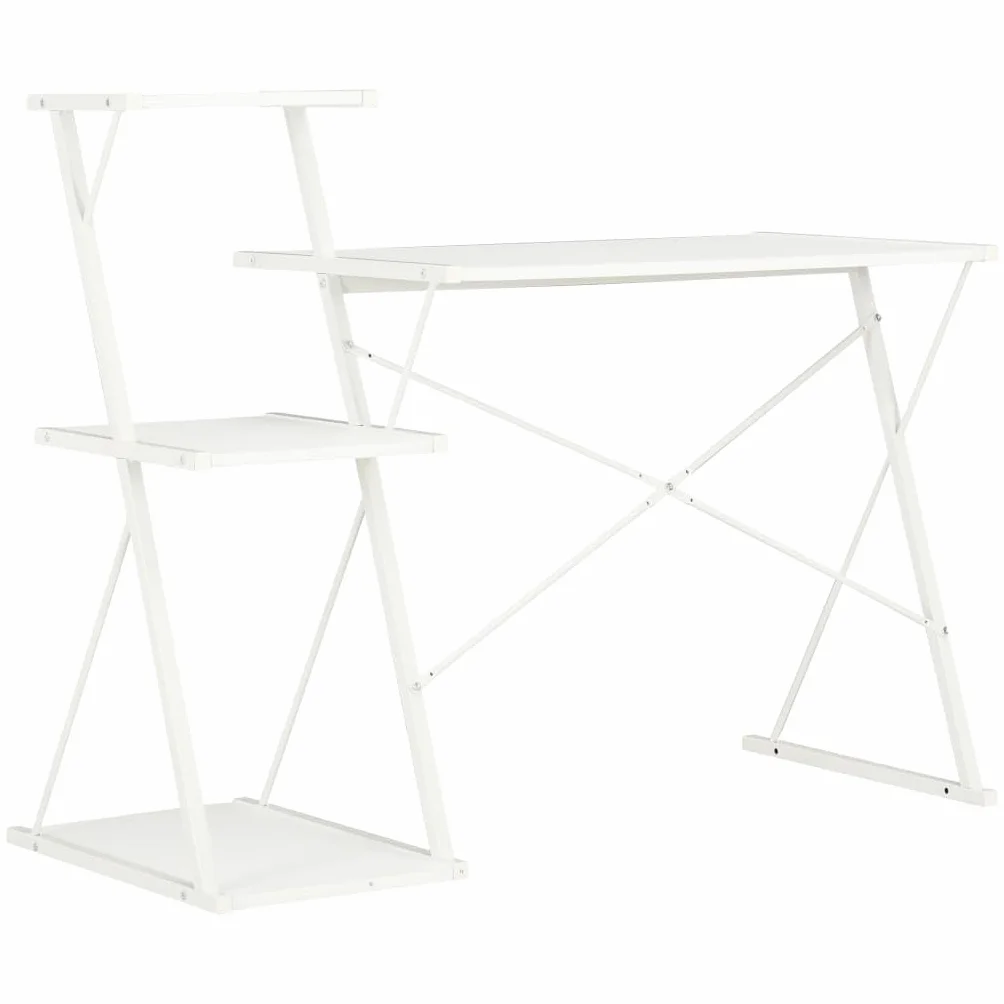 Białe biurko z regałem, 116 x 50 x 93 cm, biurko komputerowe i biurko z materiału drewnopochodnego ze stali, miejsce do przechowywania do domowego biura, gabinetu i komputera