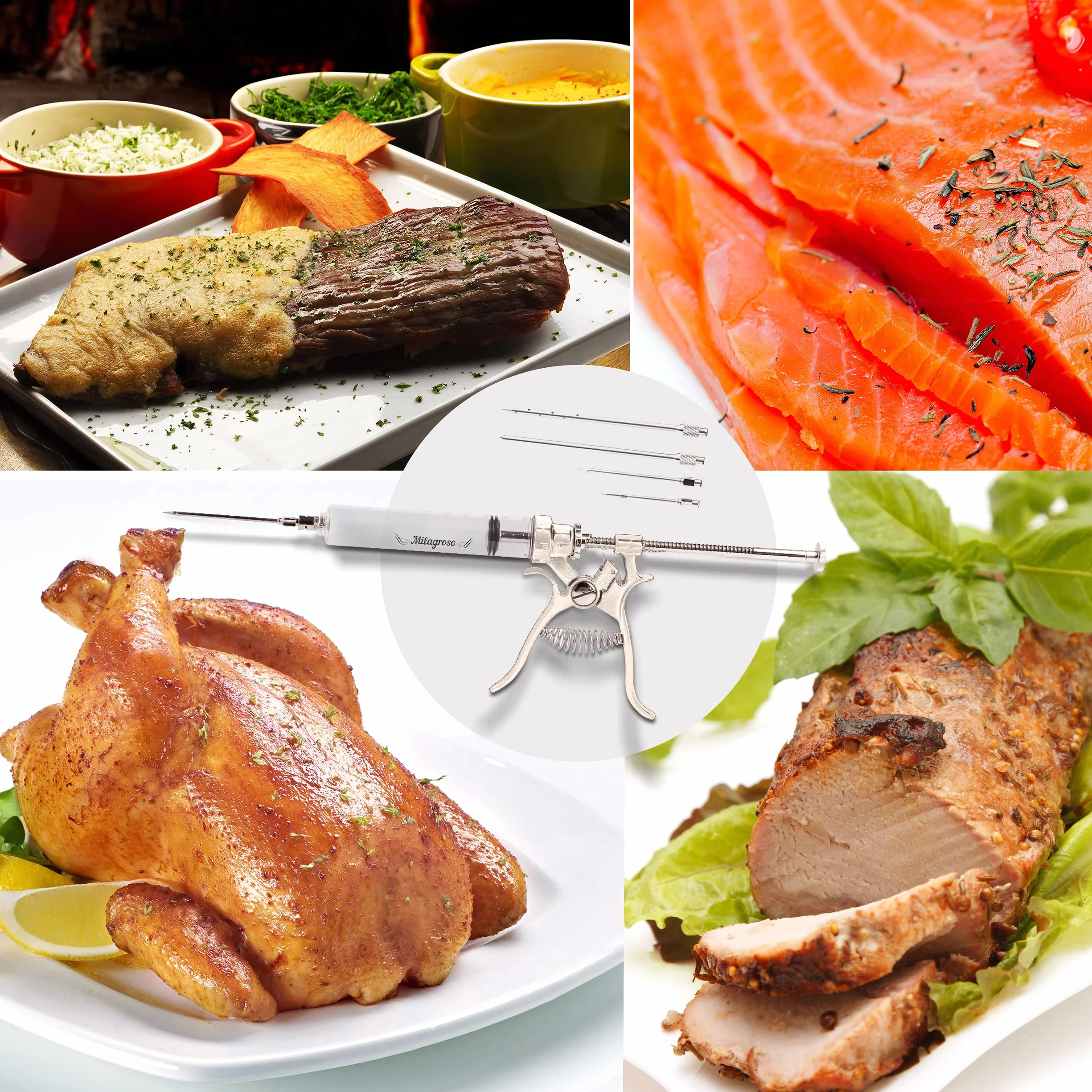 Strzykawka do mięsa ze stali nierdzewnej na zewnątrz zestaw do mięsa, marynaty, smak, wtryskiwacz do żywności, strzykawki z 3 igłami do marynaty, grill wędzarniczy, profesjonalne narzędzie do grilla BBG