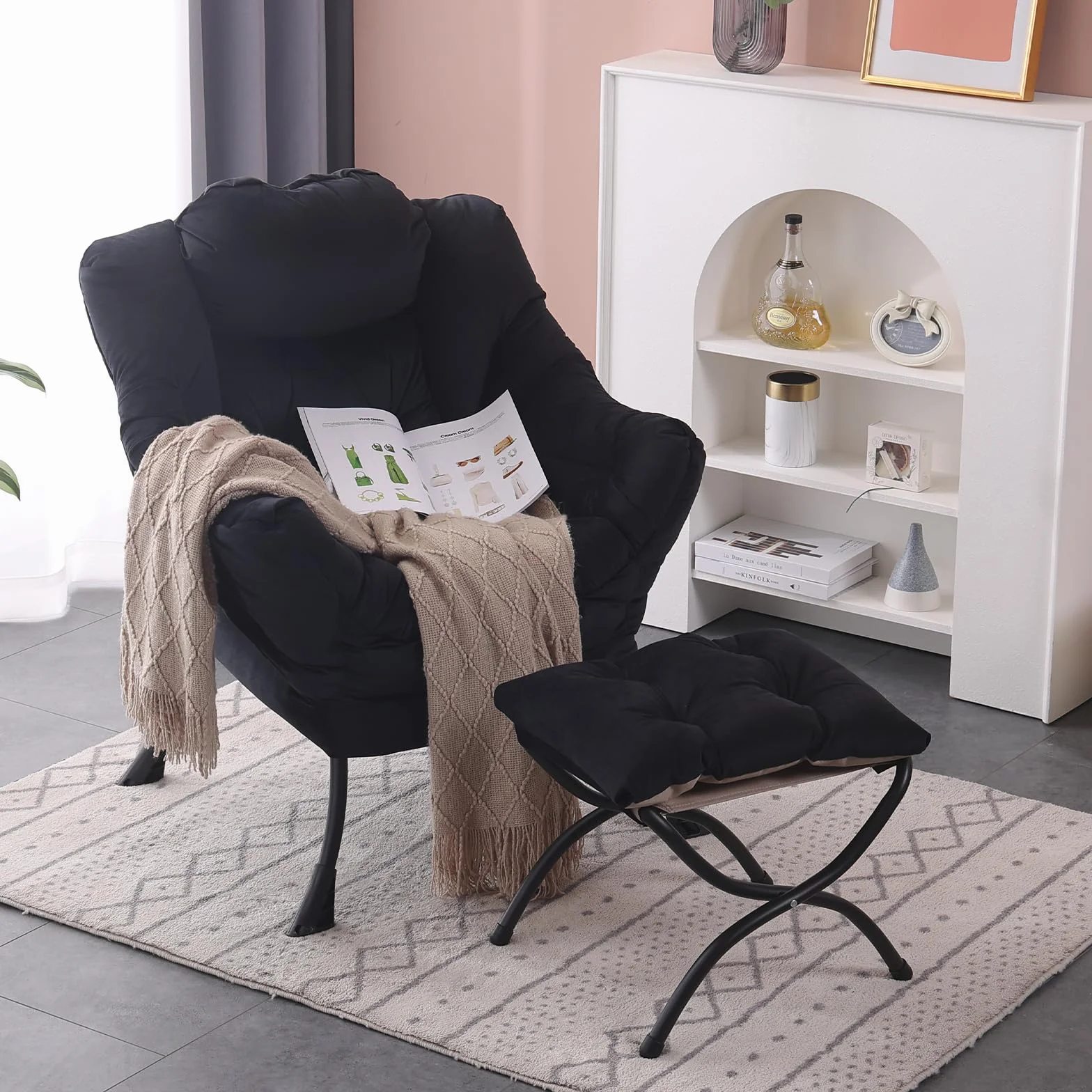 Fotel Leżakowy z Otomaną, Nowoczesny Wygodny Fotel Wypoczynkowy z Podłokietnikami, Czytelniczy Fotel do Salonu, Sypialni, Biura, Czarny
