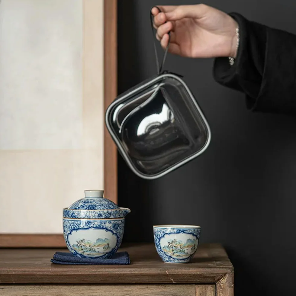 Dzbanek z prezentami Podróżny zestaw do herbaty Kwiaty ceramiczne Zestawy do herbaty Zestaw do herbaty Herbata Kung Fu Porcelana Gaiwan Filiżanka Miska Ceremonia parzenia herbaty(Travel Teaware Set)