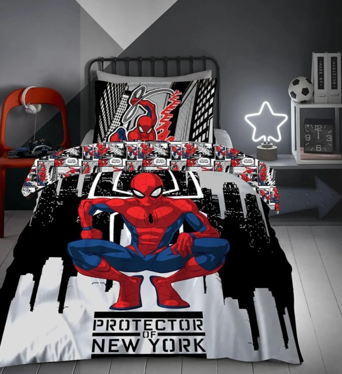 Zestaw pościeli Spiderman New York, dla 1 osoby, dwustronna poszwa na kołdrę 140 x 200 cm + poszewka na poduszkę 65 x 65 cm, bawełna poliestrowa