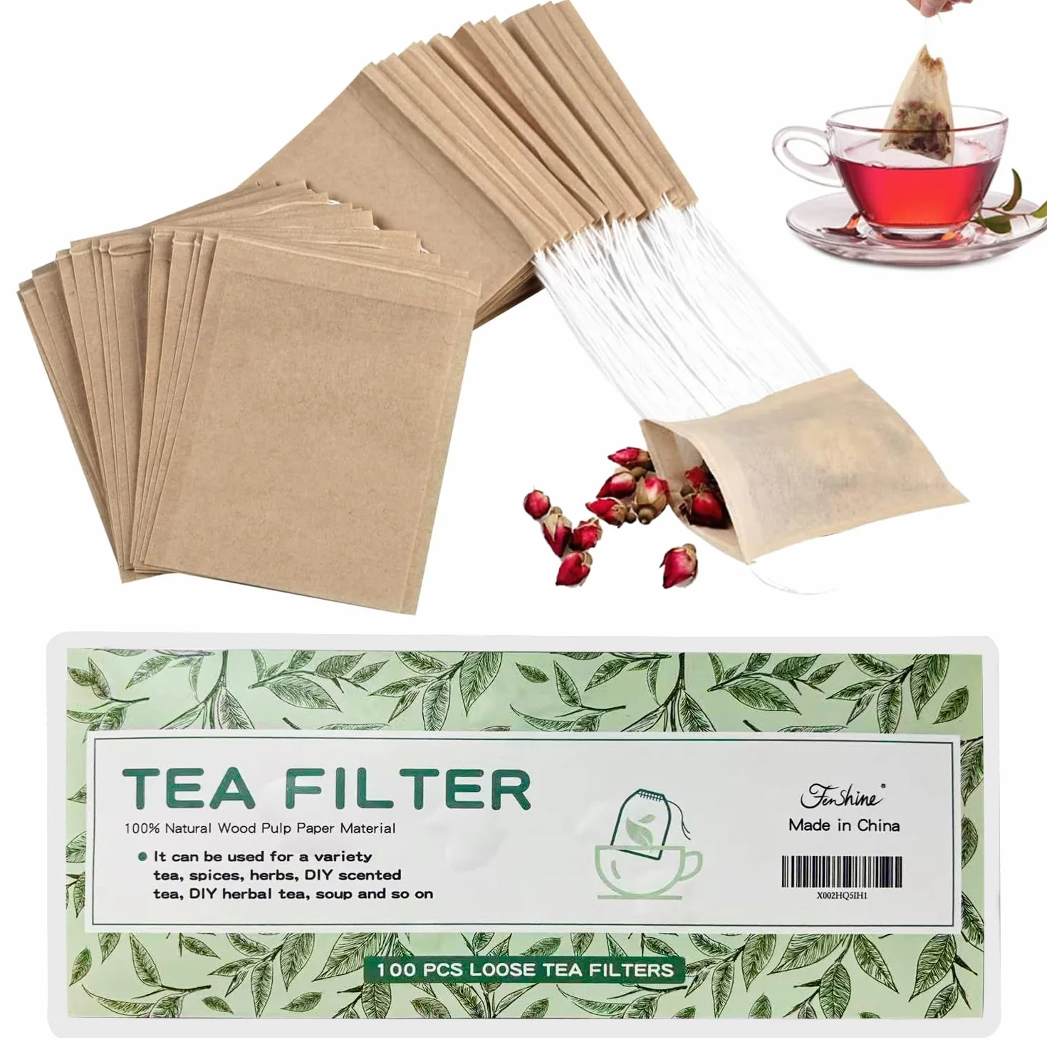 100 szt. jednorazowych torebek do herbaty liściastej, 100% naturalny materiał papierowy z pulpy drzewnej, puste niebielone worki filtrujące ze sznurkiem (9 x 7 cm)