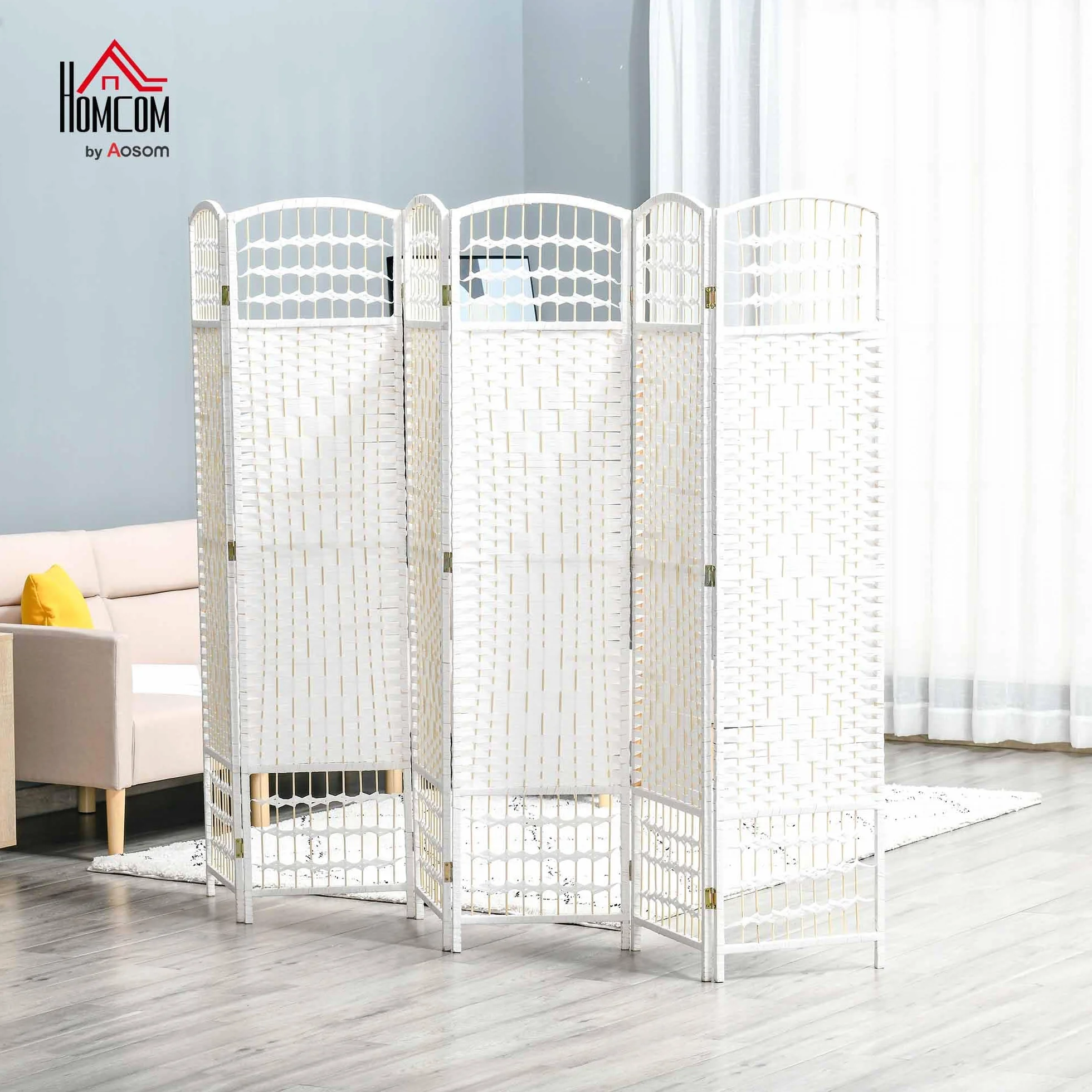 HOMCOM Parawan wewnętrzny 6 paneli składanych 242 L x 170H cm Przegroda pokojowa Drewno topolowe Bambusowe Włókna papierowe plecione Biała Słoma