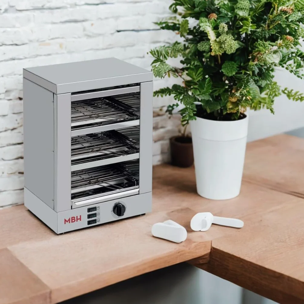 MBH - Profesjonalny 3-piętrowy elektryczny toster INOX dla HOSTELERIA. Przemysłowy toster do chleba do baru i restauracji.