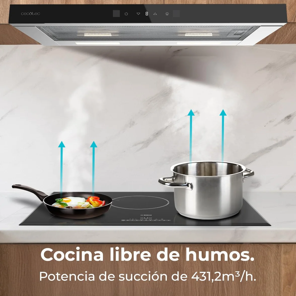Cecotec Okap teleskopowy 70 cm Bolero Flux TLT 704400 Glass Black A+++. Ssanie 431,2 m³/h, niskie zużycie prądu, silnik DC, kontrola ruchu i dotyk, szkło przednie czarny, korpus ze stali nierdzewnej