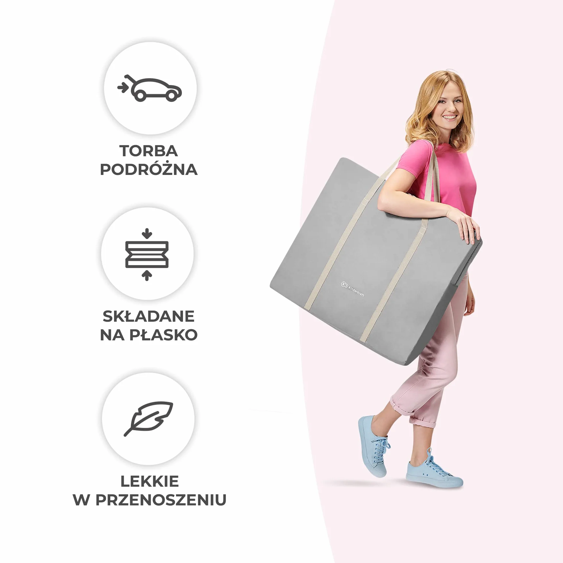 Kinderkraft Łóżeczko dziecięce 3w1 LOVI, Łóżko turystyczne, Kołyska, Proste składanie, Pałąc z zestawem zabawek i moskitera w zestawie, Regulowana budka, Torba ułatwiająca transport, Beżowy