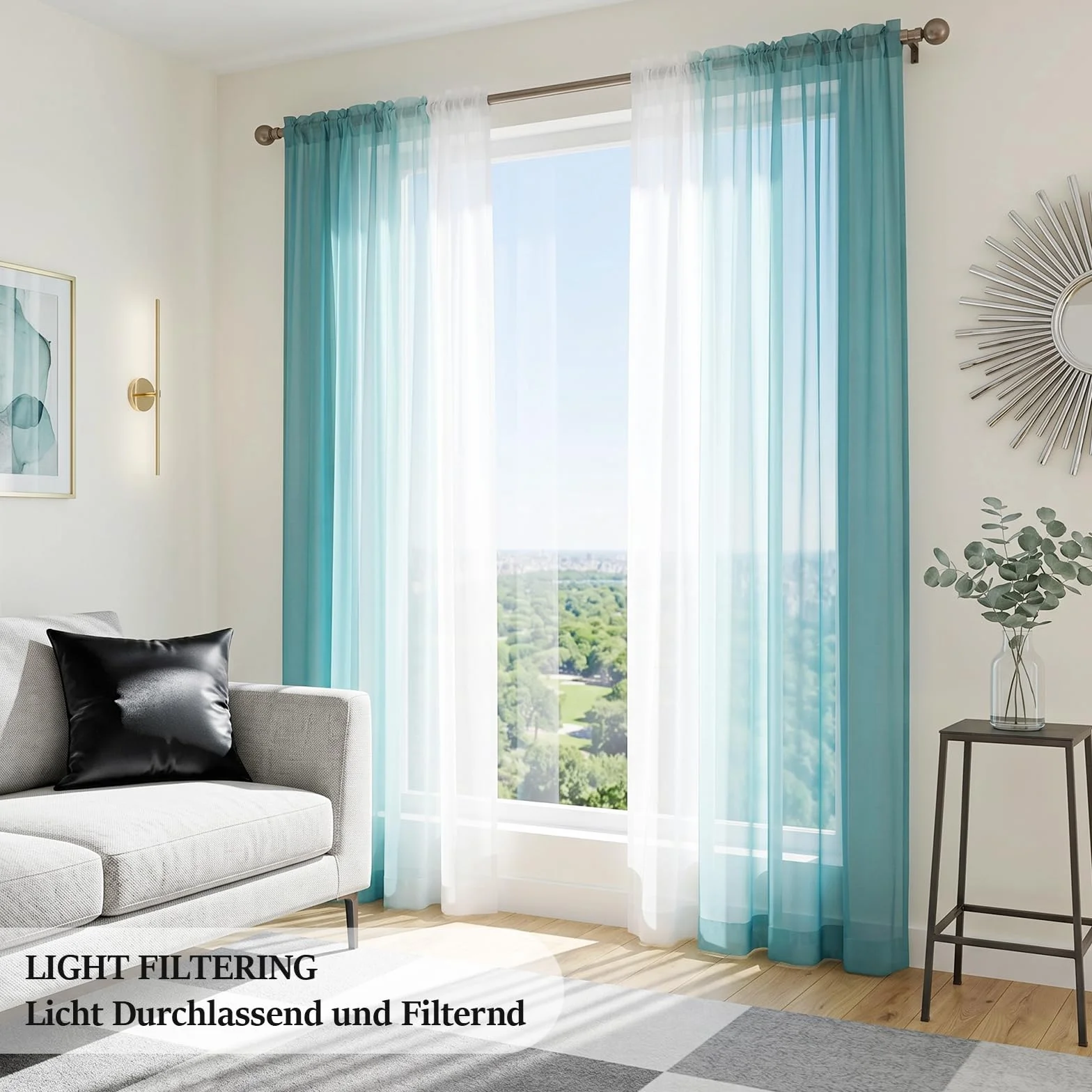 Melodieux Zasłony z lamówką, prześwitujące zasłony ombre do salonu, zestaw 2 sztuki, 260 x 140 cm, niebiesko-zielone