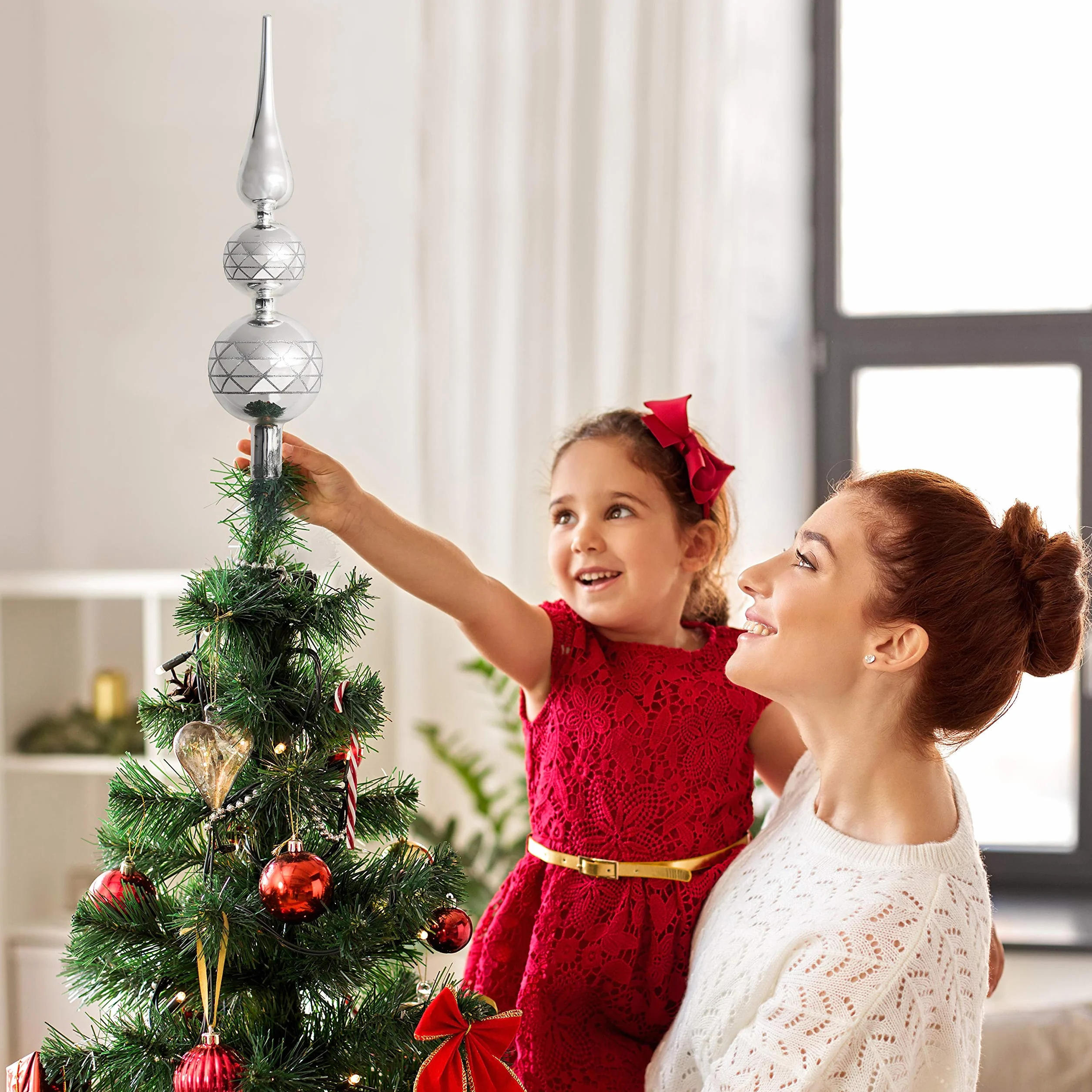 Ozdoba choinkowa - 32 cm wysoka łodyga srebrny kolor odblaskowy szklany topper na choinkę - brokatowa ozdoba szklana - Boże Narodzenie dekoracja wierzchołka choinki