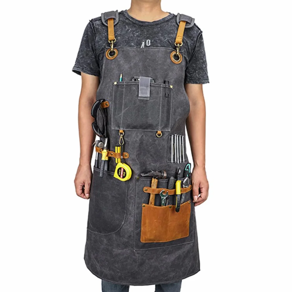 Fartuchy z kieszeniami, Stolarka z woskowanego płótna. Fartuch narzędziowy Skórzany patchwork.-Duty Multi-Pocket Multicolor