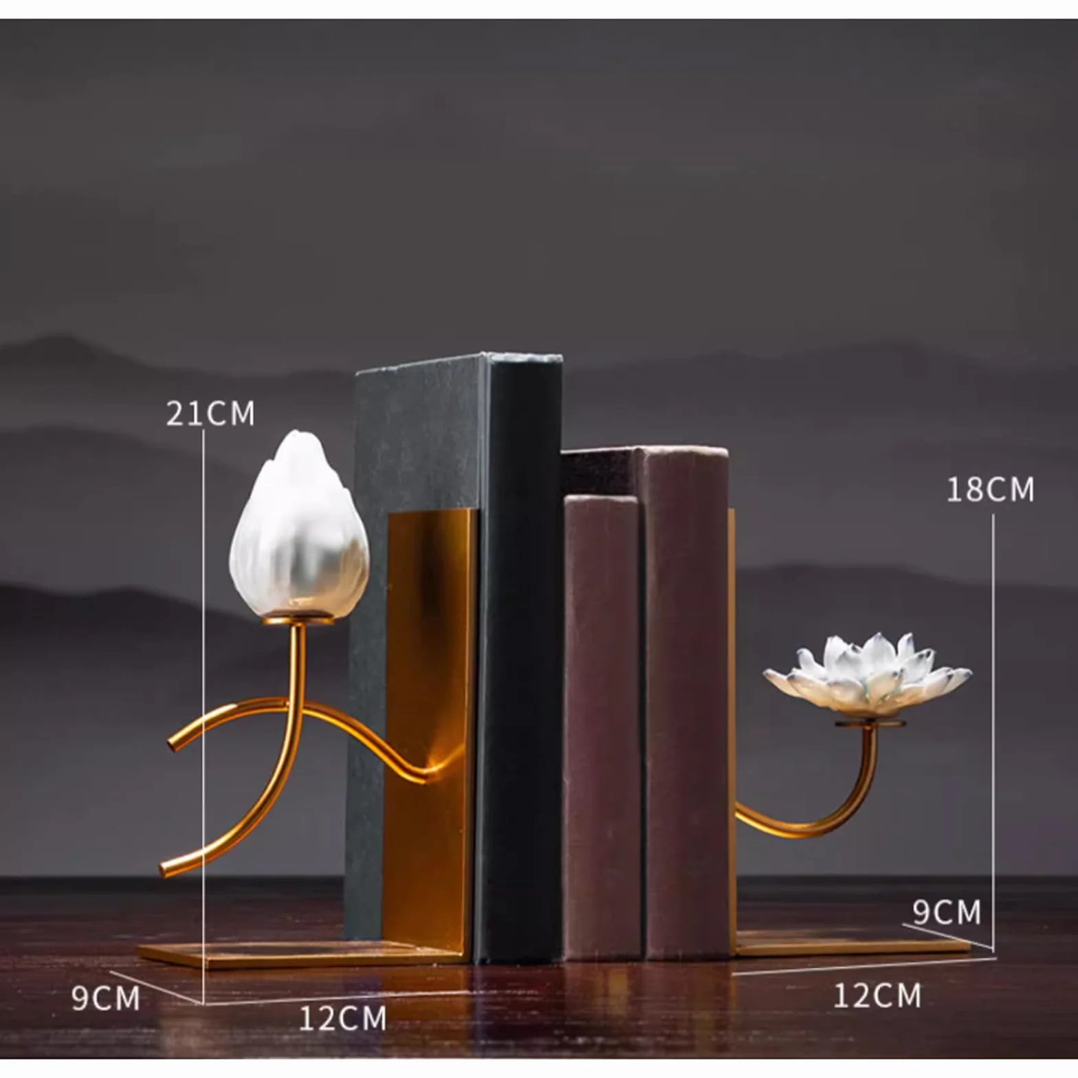 Dekoracyjne podpórki do książek Ceramiczne Lotus Dekoracja półki na książki w kształcie litery L stylu chińskim Metalowe Wytrzymałe antyczne stopery