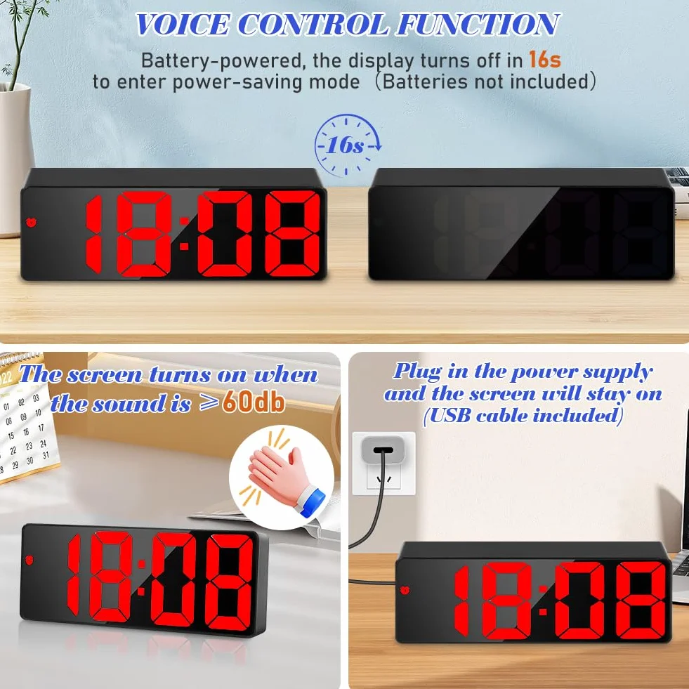 Flintronic Cyfrowy budzik, zegar LED z dużym wyświetlaczem, budzik nocny, zegar zasilany baterią, budziki z drzemką, temperatura, data, jasność regulowana dla domu, biura