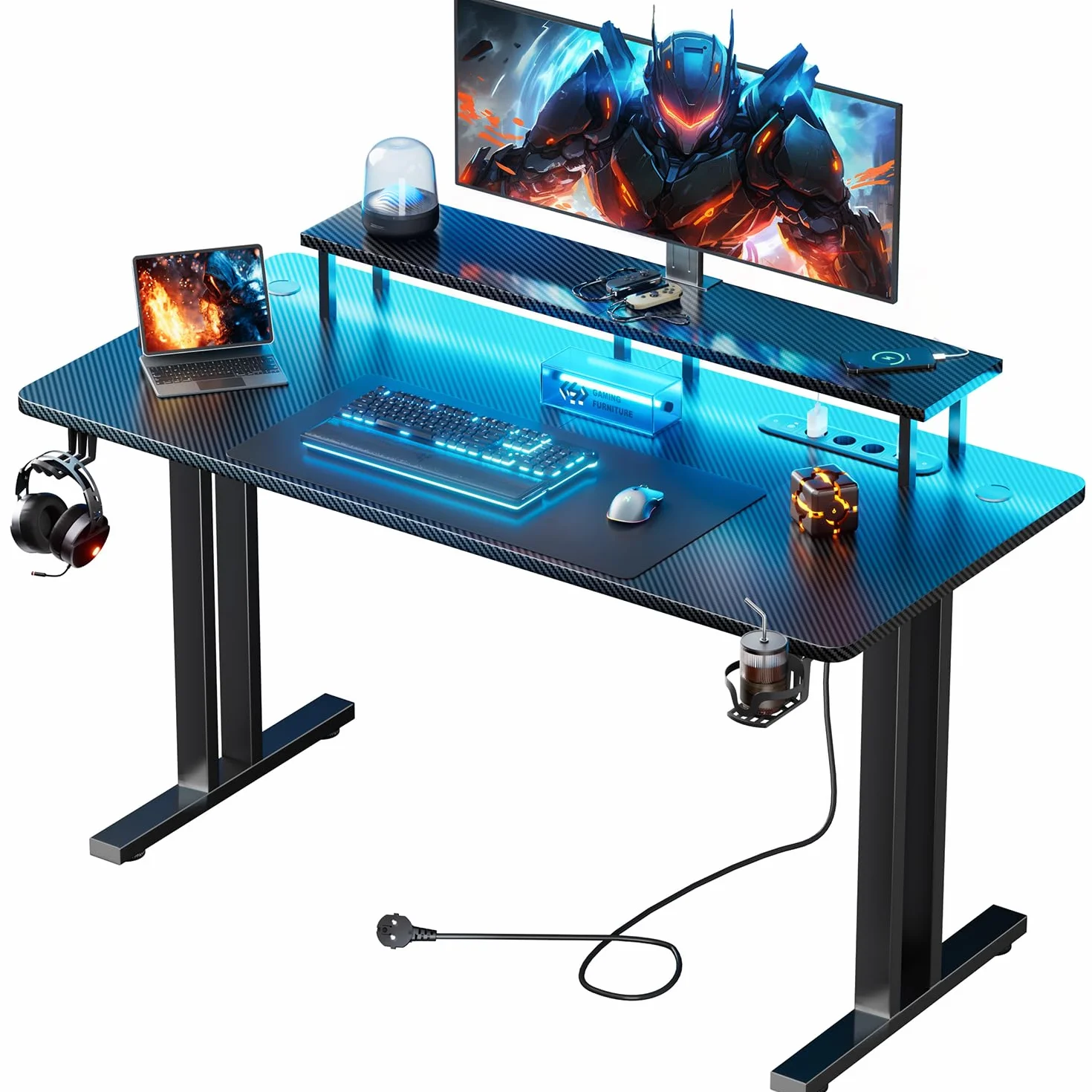 HLONONE Stół do gier LED 120 x 60 cm, Biurko gamingowe z 3 gniazdkami i 2 portami USB, stół dla graczy PC z uchwytem na monitor, stabilny stół komputerowy do gier i do biura, czarny