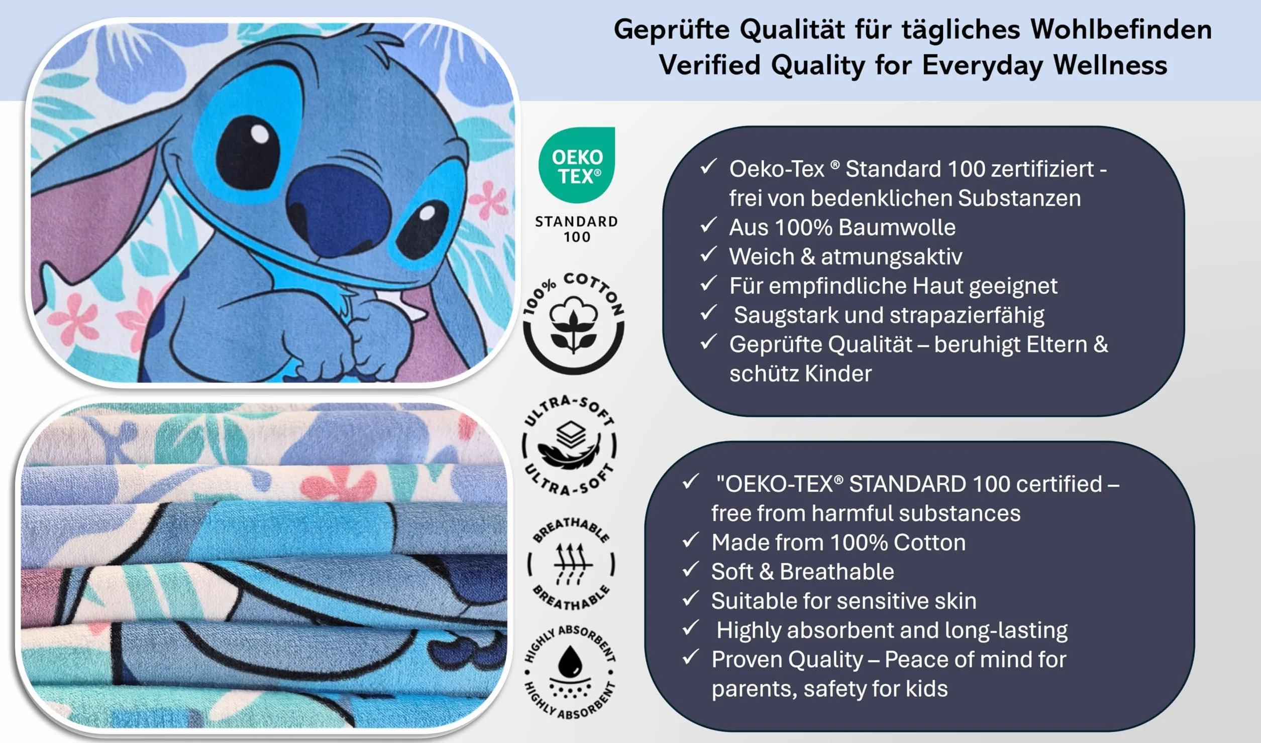 Theonoi Disney Lilo und Stitch dziecięcy ręcznik kąpielowy, ręcznik plażowy, 70 x 140 cm, 100% bawełna, dla chłopców i dziewczynek – standard Öko-Tex