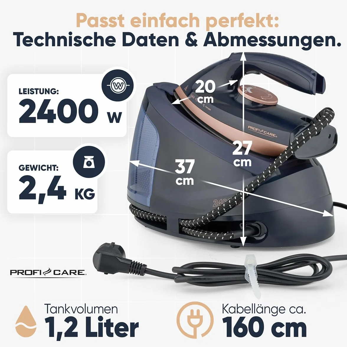 ProfiCare stacja do prasowania parowego | Stopa ceramiczna Superglide | stacja do prasowania 2400 W | Moc pary 150 g/min | Ciśnienie 4 bar | Prasowanie do 80 minut z rzędu | PC DBS 3127