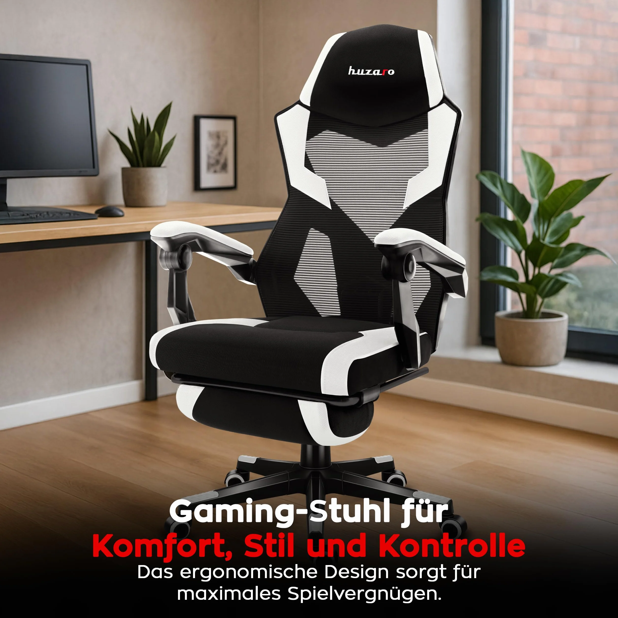 huzaro Combat 3.1 krzesło biurowe dla graczy, ergonomiczne krzesło z podnóżkiem, regulowane oparcie 135°, oddychająca siatka, obciążenie do 150 kg, ciche kółka, kolor biały
