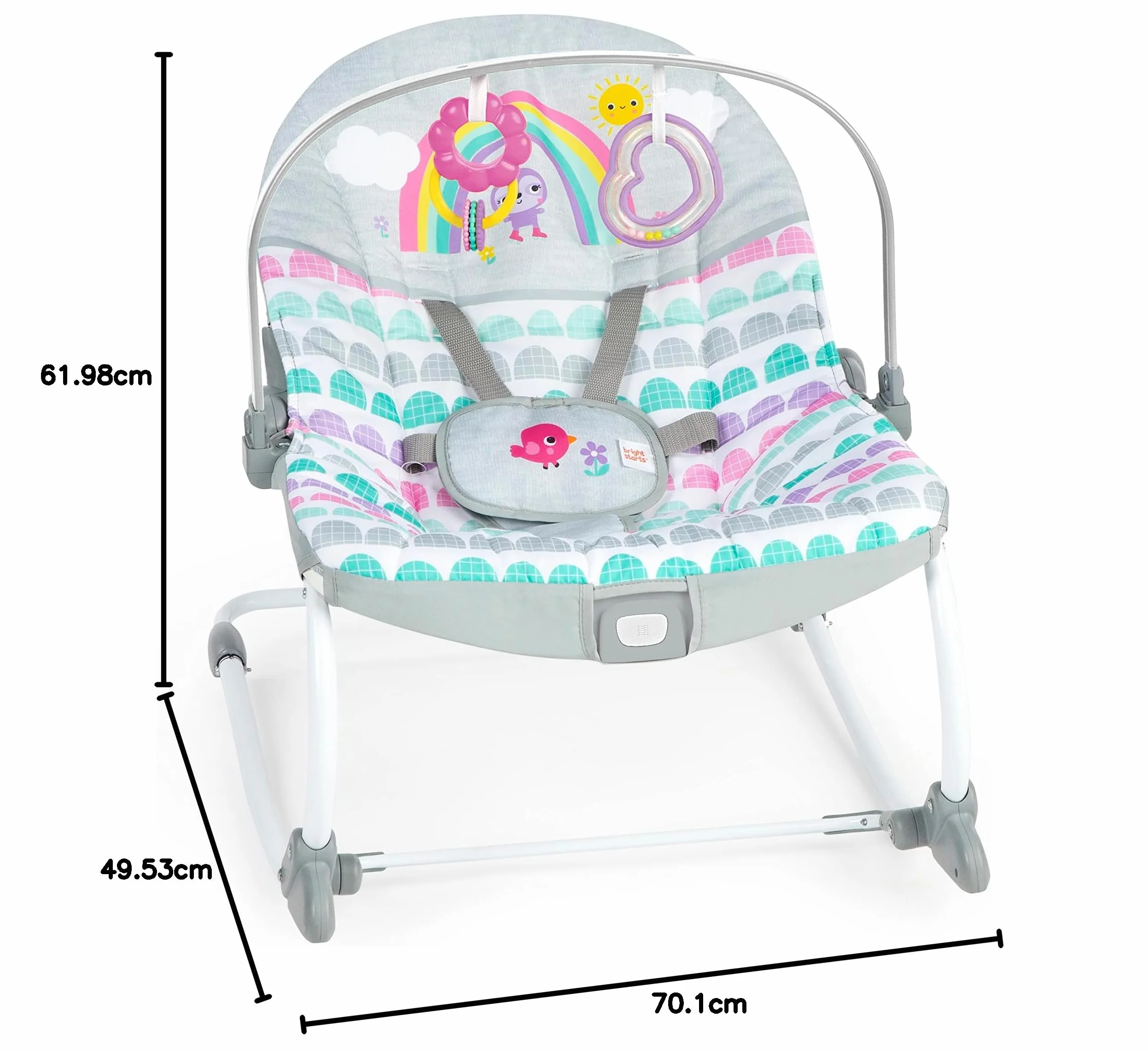 Bright Starts, Rosy Rainbow Evolutive leżak, kojące wibracje, 2 pozycje nachylenia, łuk do zabawy z 2 pluszakami, 5-punktowa uprząż do wiązania - od urodzenia