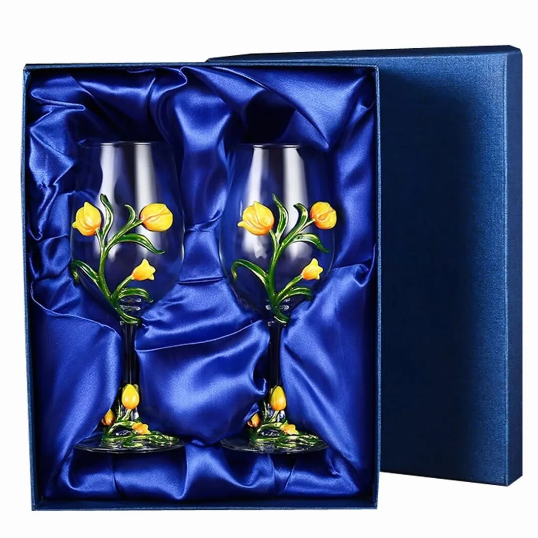 Emaliowana szklana karafka do wina, bezołowiowy kryształowy kielich, 350 ml, dekoracyjny zestaw upominkowy z długim uchwytem, eleganckie pudełko na prezent ślubny (żółty - 2 sztuki)
