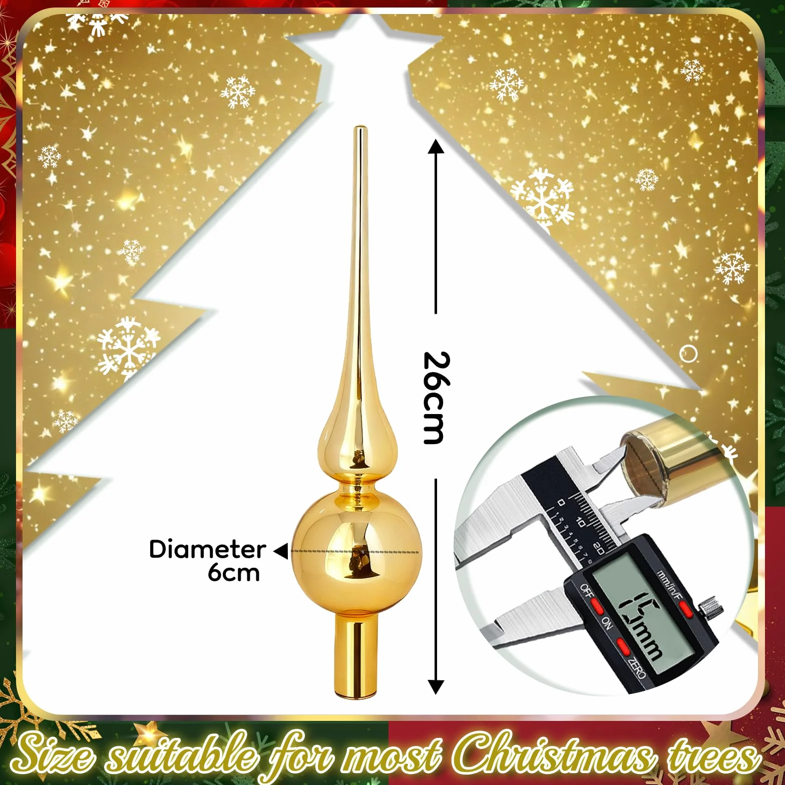 Szpic na choinkę ze szkła, matowy szpic na choinkę, złoty 26 cm, ozdoba choinkowa szpic, czubek choinki na Boże Narodzenie, szpic na choinkę złoty Christmas Tree Topper (Złoty błyszczący)