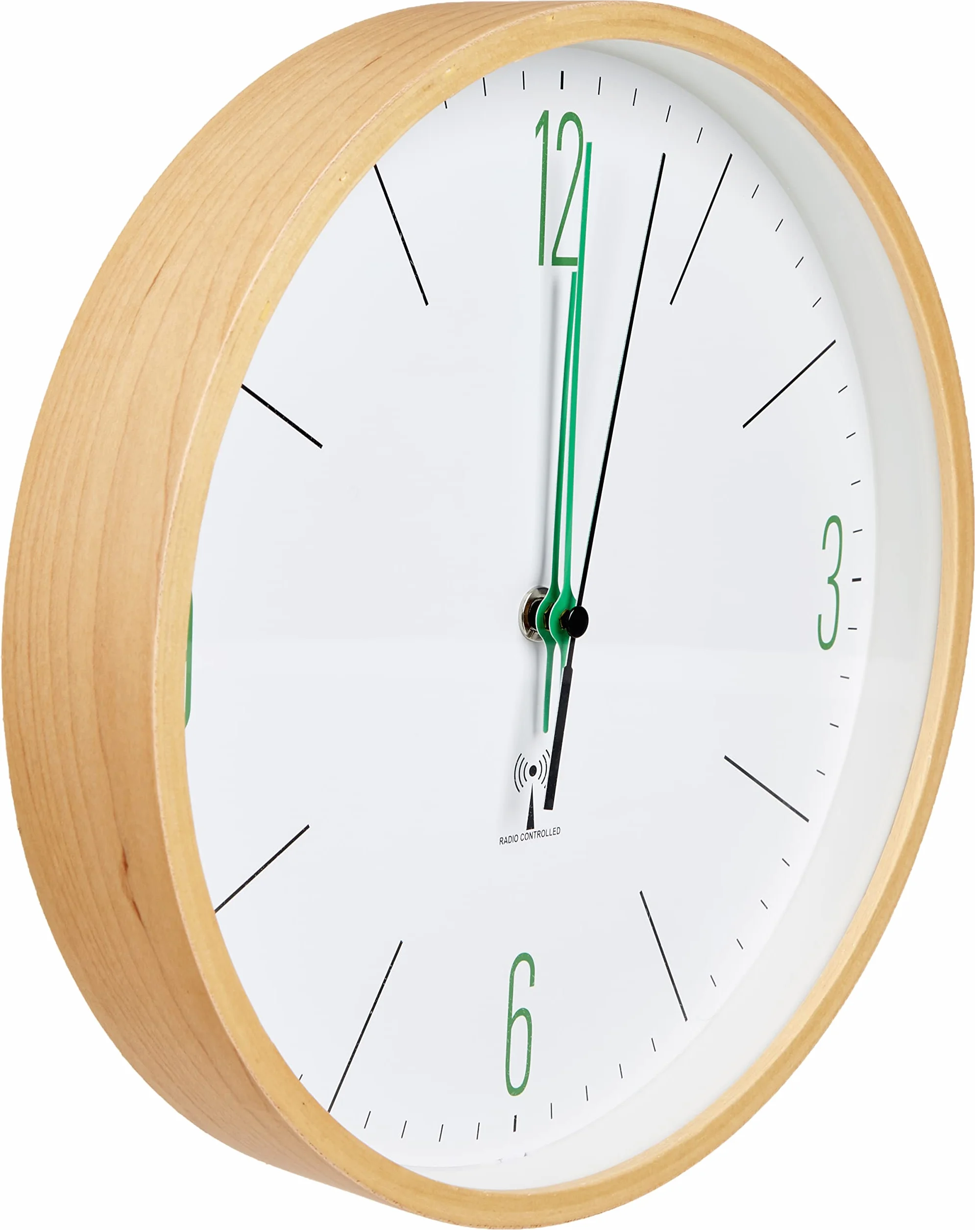 TFA Dostmann Analogue Design Radio-Controlled Wall Clock with Maple Frame, biały/zielony, 25,5 x 4,5 x 25,5 cm