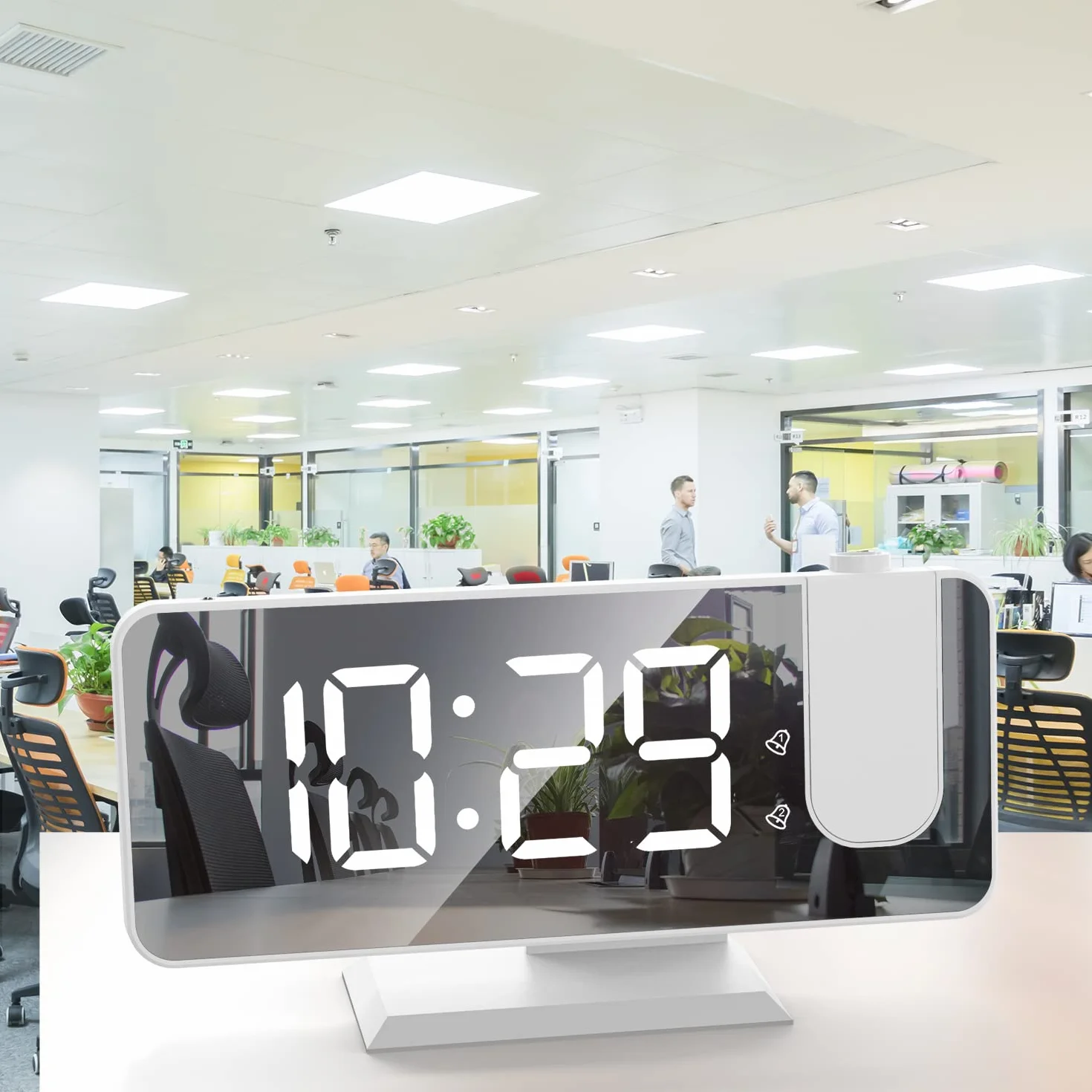 Budzik z projektorem na ścianę, podwójny alarm, LED, 12/24 h, 4 poziomy jasności, port USB, biały