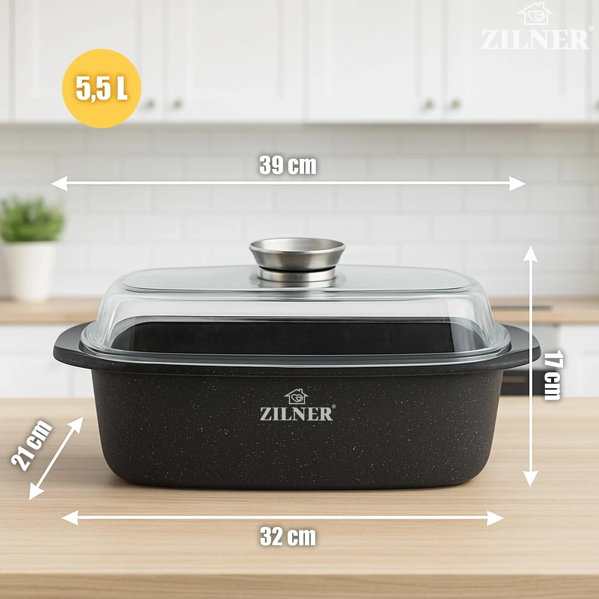 Naczynie do pieczenia 5,5 l z marmurową powłoką nieprzywierającą – 32 cm – szklana pokrywka z przyciskiem aromatyzującym – nadaje się do płyt indukcyjnych – aluminium – nadaje się do piekarnika