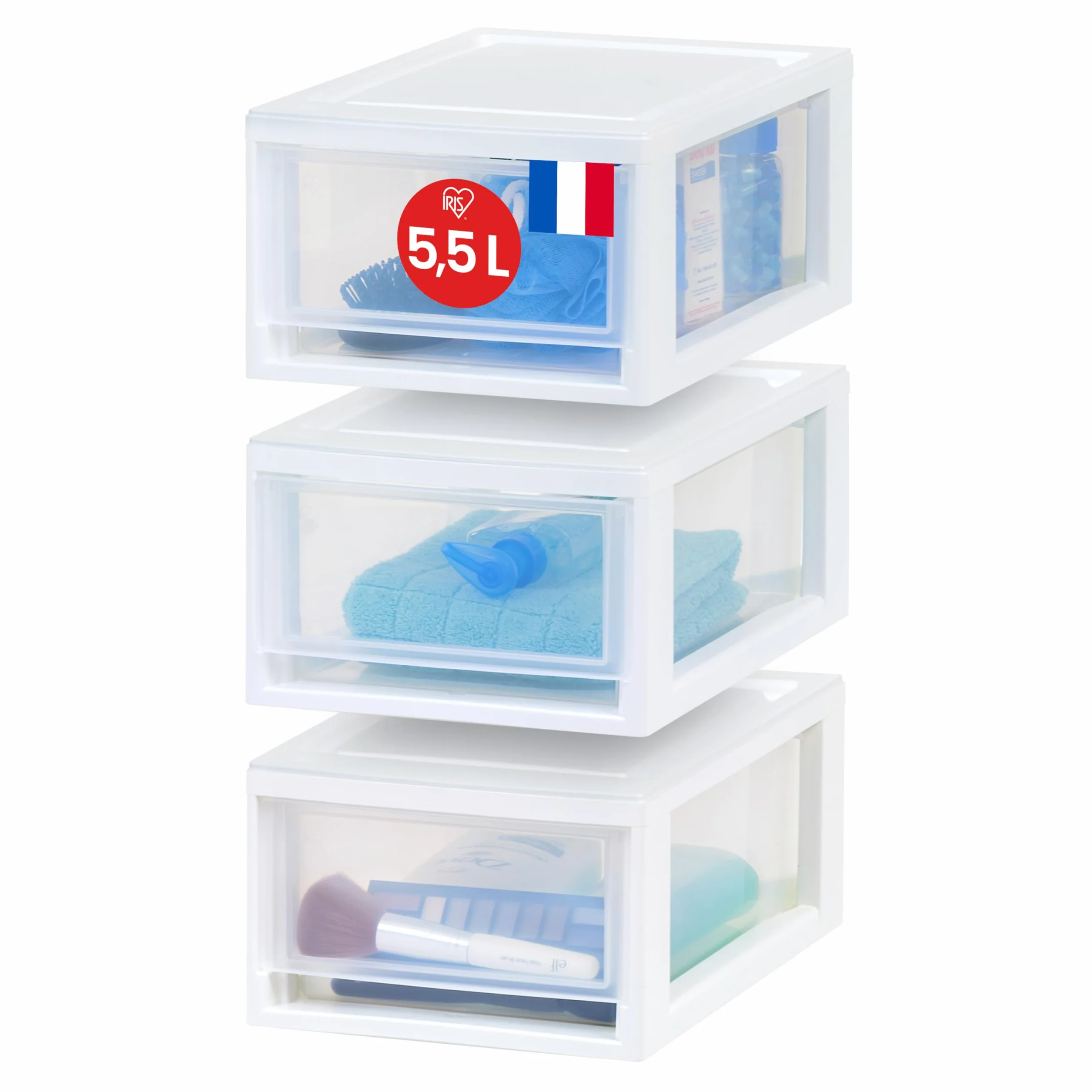 Iris Ohyama, Przezroczysty plastikowy drawer, możliwość układania w stos, biały, 7 l, zestaw 3 sztuk, wielofunkcyjny, widoczna zawartość, do łazienki, zabawek, biura, klatki piersiowej, organizera,