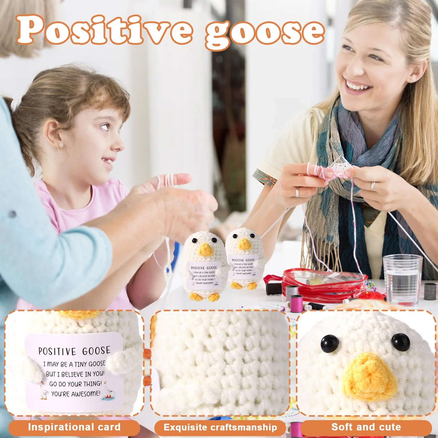 TOYMIS Positive Goose, Kreatywna Emocjonalna Pluszowa Pozytywna Wełna Szydełkowa Gęś Dziergana Zabawka Rozweselający Prezent dla Rodziny Przyjaciół Dekoracja na Przyjęcie Urodzinowe (Biała)