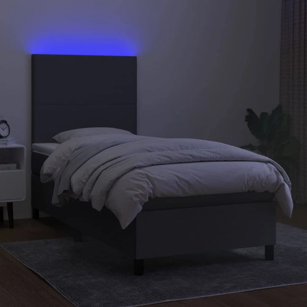 Tkanina z regulowanym zagłówkiem z diodami LED 100x200cm Szary | Łóżko kontynentalne z materacem LED ciemnoszara tkanina 100x200cm regulowany zagłówek sprężyny kieszeniowe